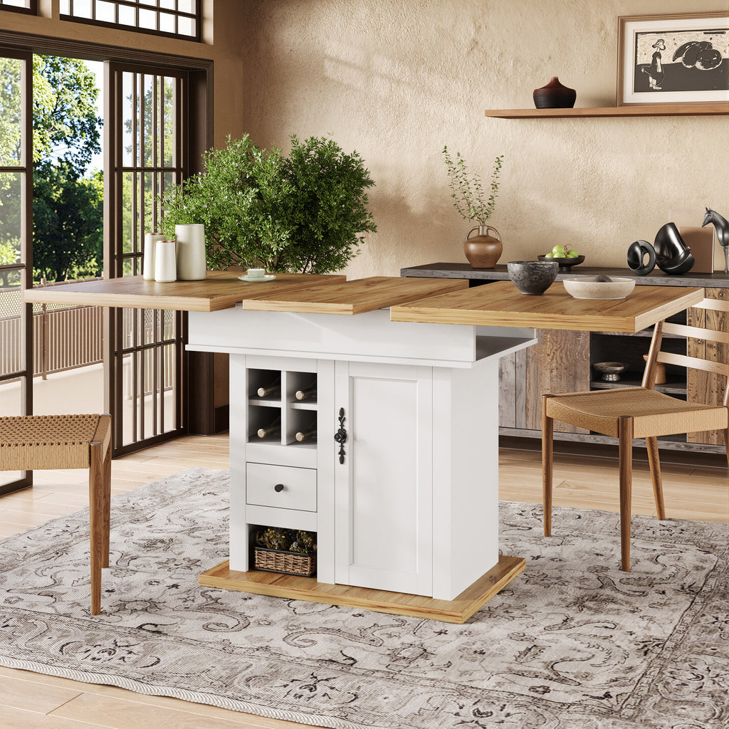 Telescopic dining table (110-140×80cm), foldable kitchen table for 4-6 people, extendable dining table, space-saving kitchen table, for kitchen and living room, dining table with wine rack and drawers
