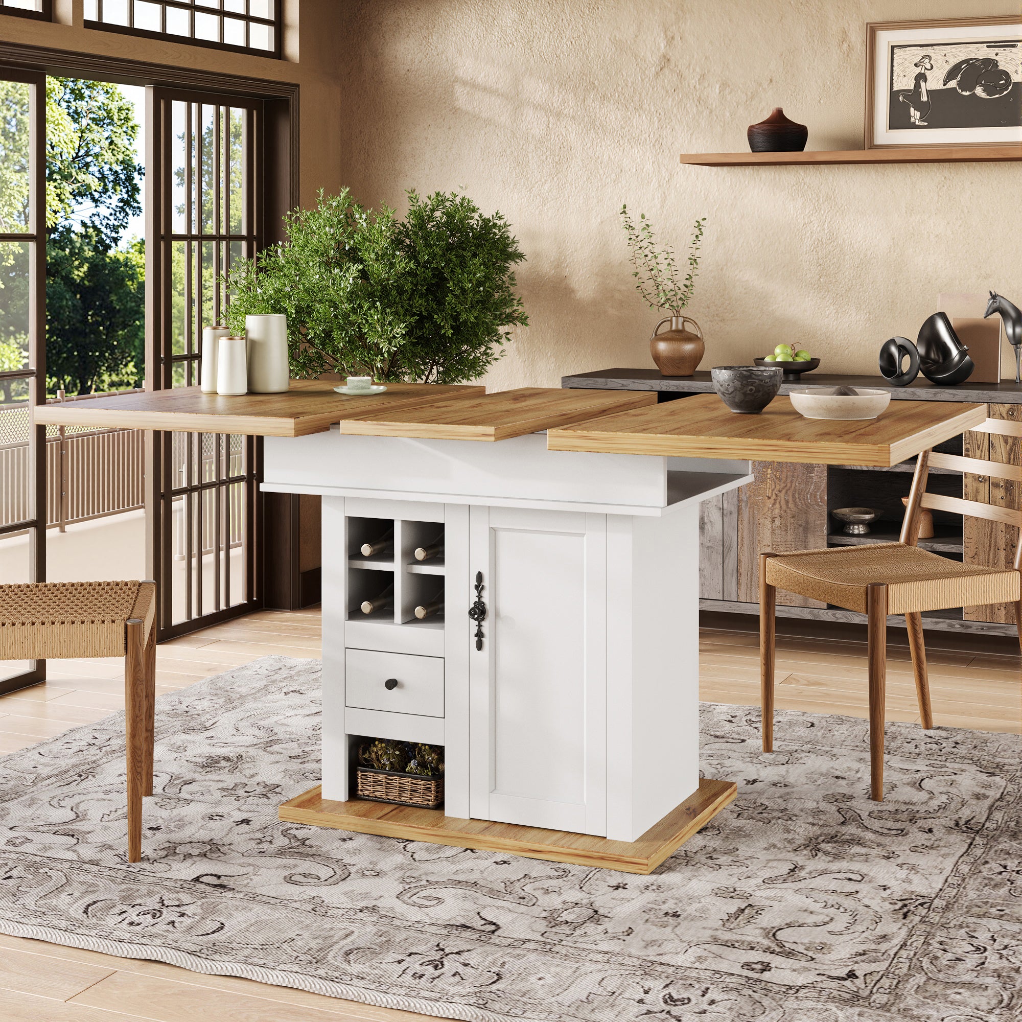 Telescopic dining table (110-140×80cm), foldable kitchen table for 4-6 people, extendable dining table, space-saving kitchen table, for kitchen and living room, dining table with wine rack and drawers