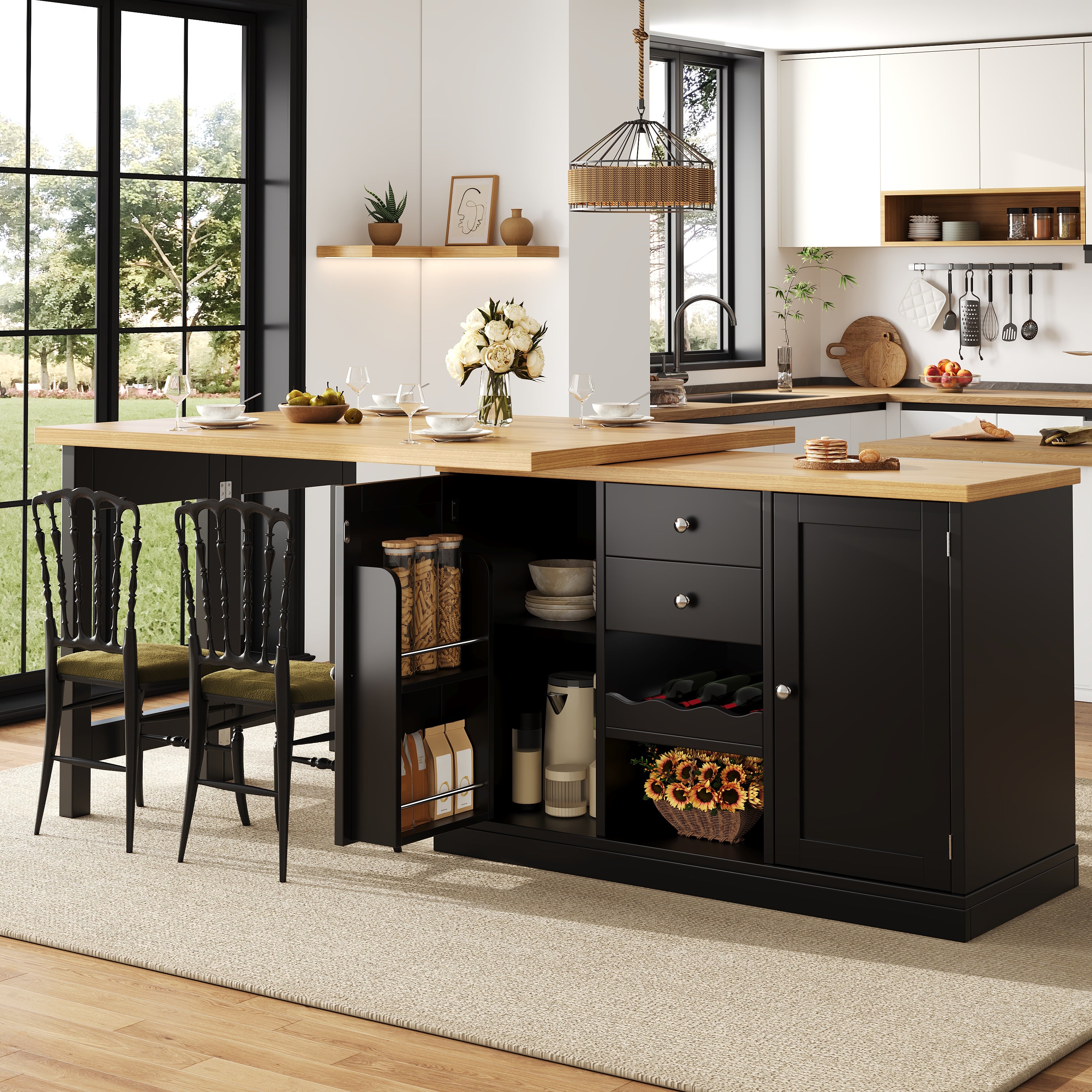 Extendable Sideboard & Dining Table Combo, 2 Drawers & Snack rack, Space-Saving Sideboard for Small Flats, White/Black
