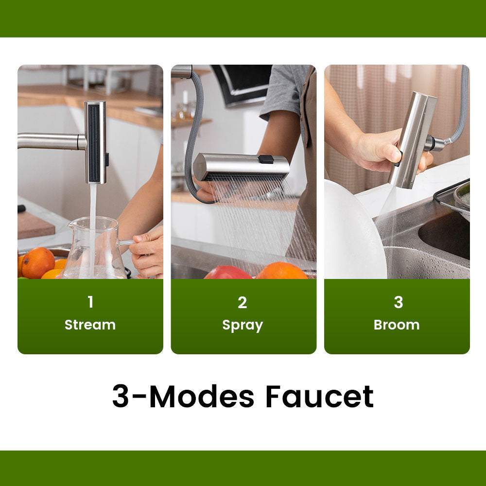 Brushed Stainless Waterfall Pull-Out Kitchen Mixer Tap