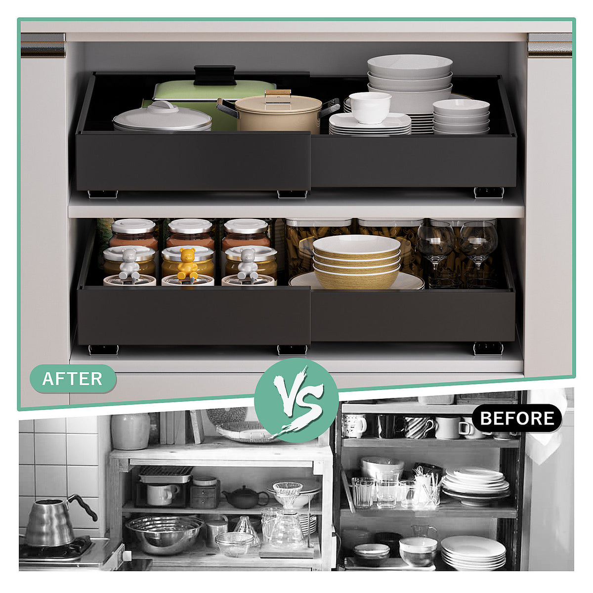 Matte Black Pull-Out Cabinet Organiser Set - 42cm, 2 Pieces