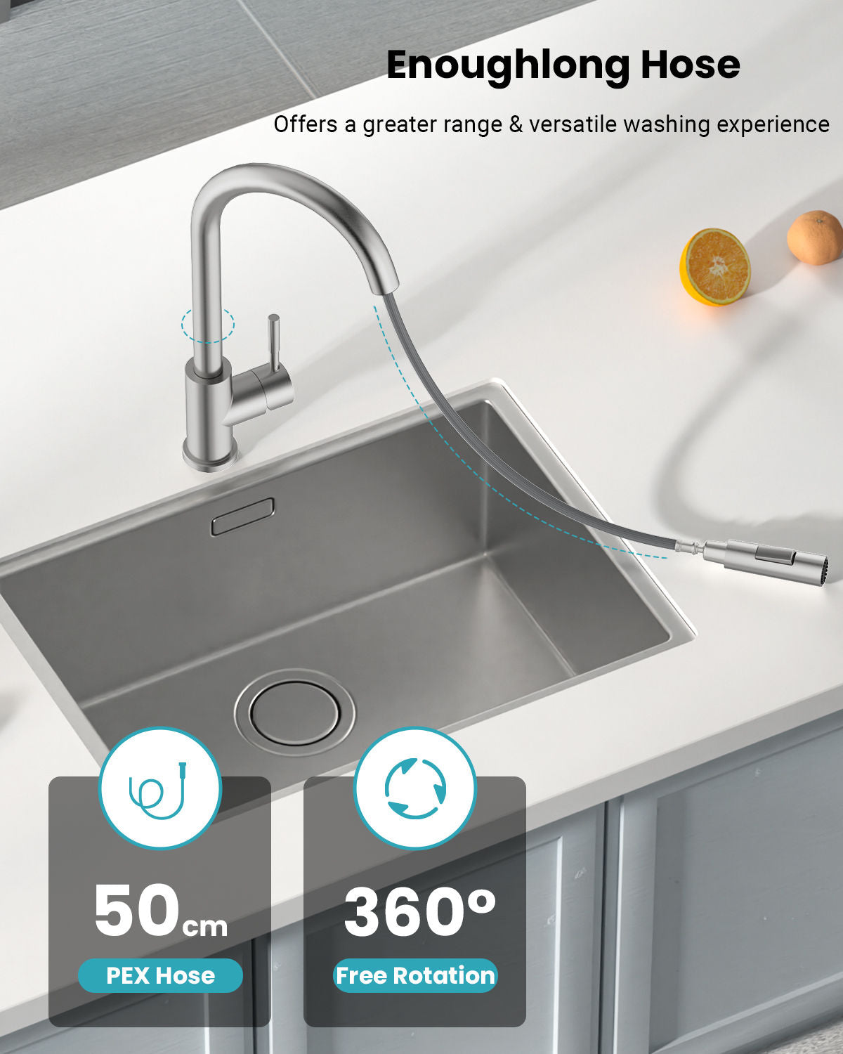 Brushed Stainless Pull-Out Kitchen Mixer Tap - 2 Spray Modes