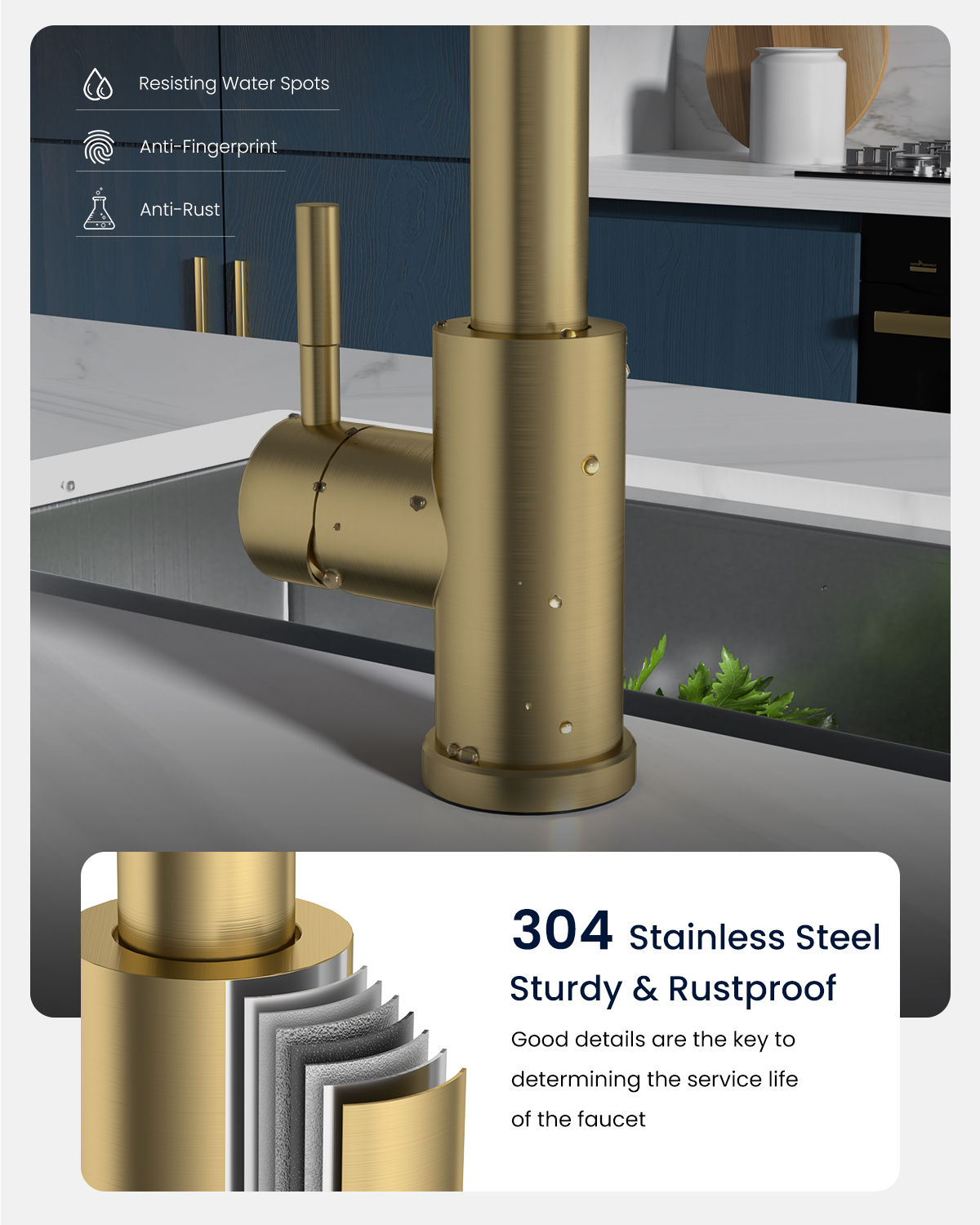 Brushed Gold Waterfall Pull-Out Kitchen Mixer Tap