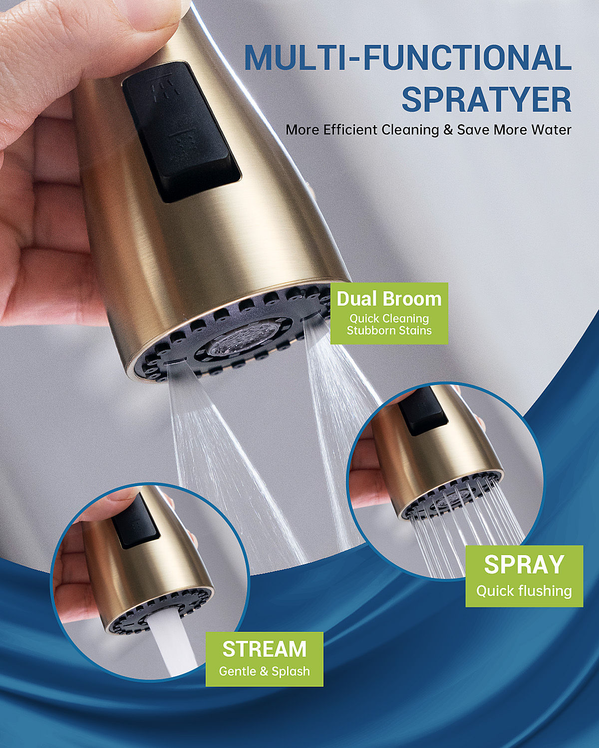 Brushed Gold Pull-Out Kitchen Mixer Tap - 3 Spray Modes
