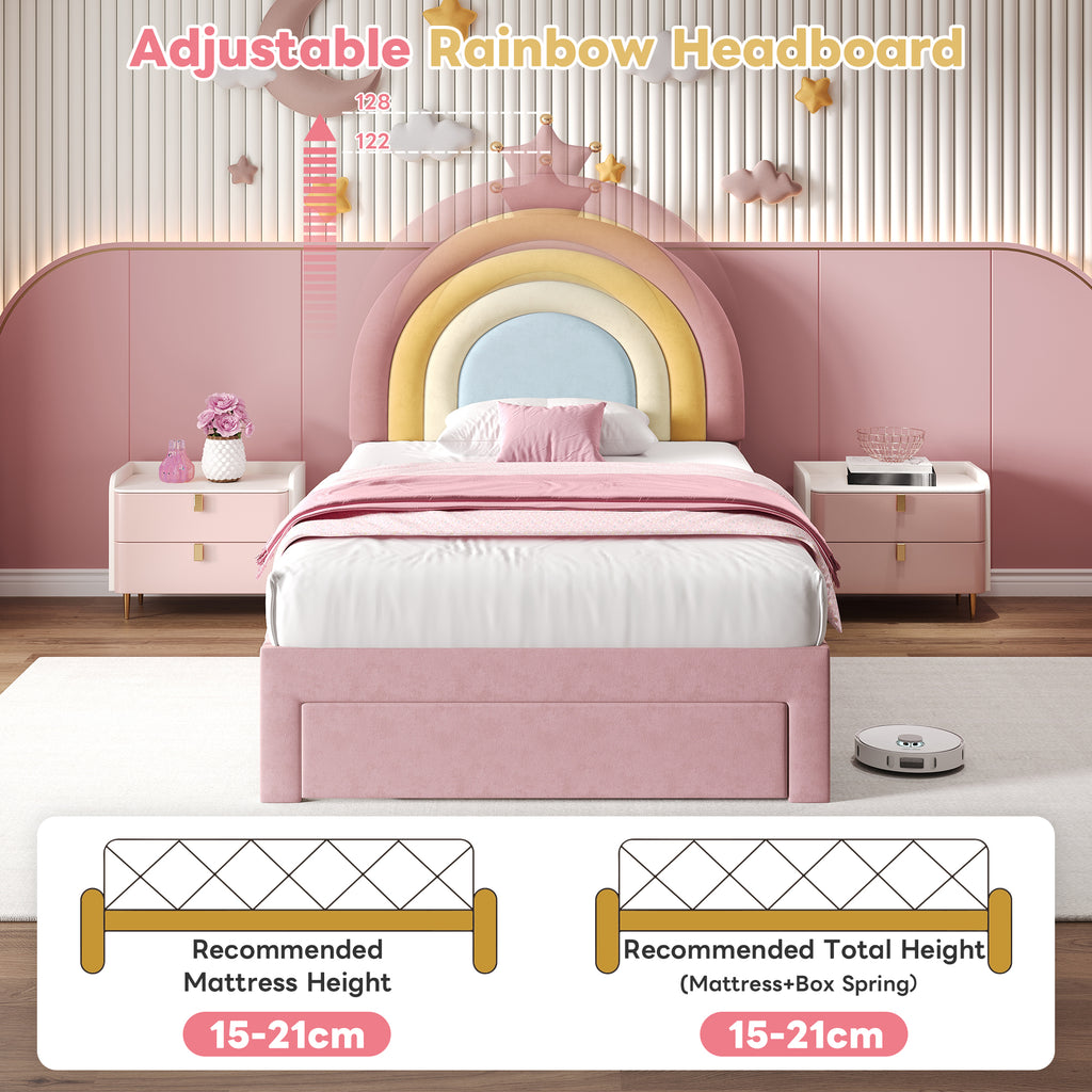 3ft Single Upholstered Bed with Adjustable Rainbow Headboard, Soft Velvet Bed Frame with Storage Drawer, Stylish Rainbow Headboard with Crown, No Box Spring Needed, Easy Assembly, Pink (No Mattress)