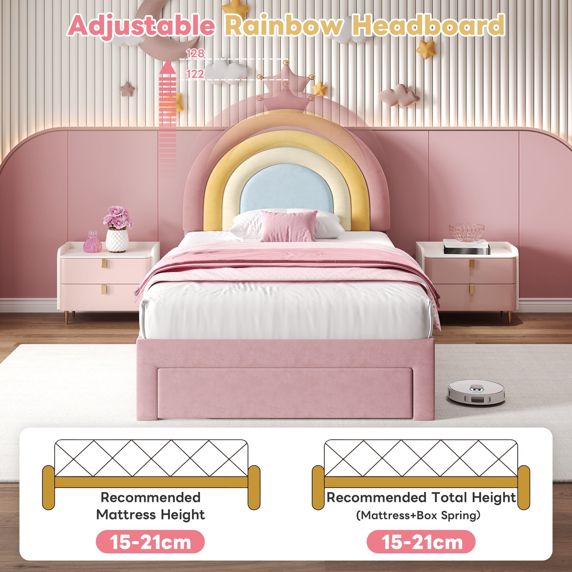 3ft Single Upholstered Bed with Adjustable Rainbow Headboard, Soft Velvet Bed Frame with Storage Drawer, Stylish Rainbow Headboard with Crown, No Box Spring Needed, Easy Assembly, Pink (No Mattress)