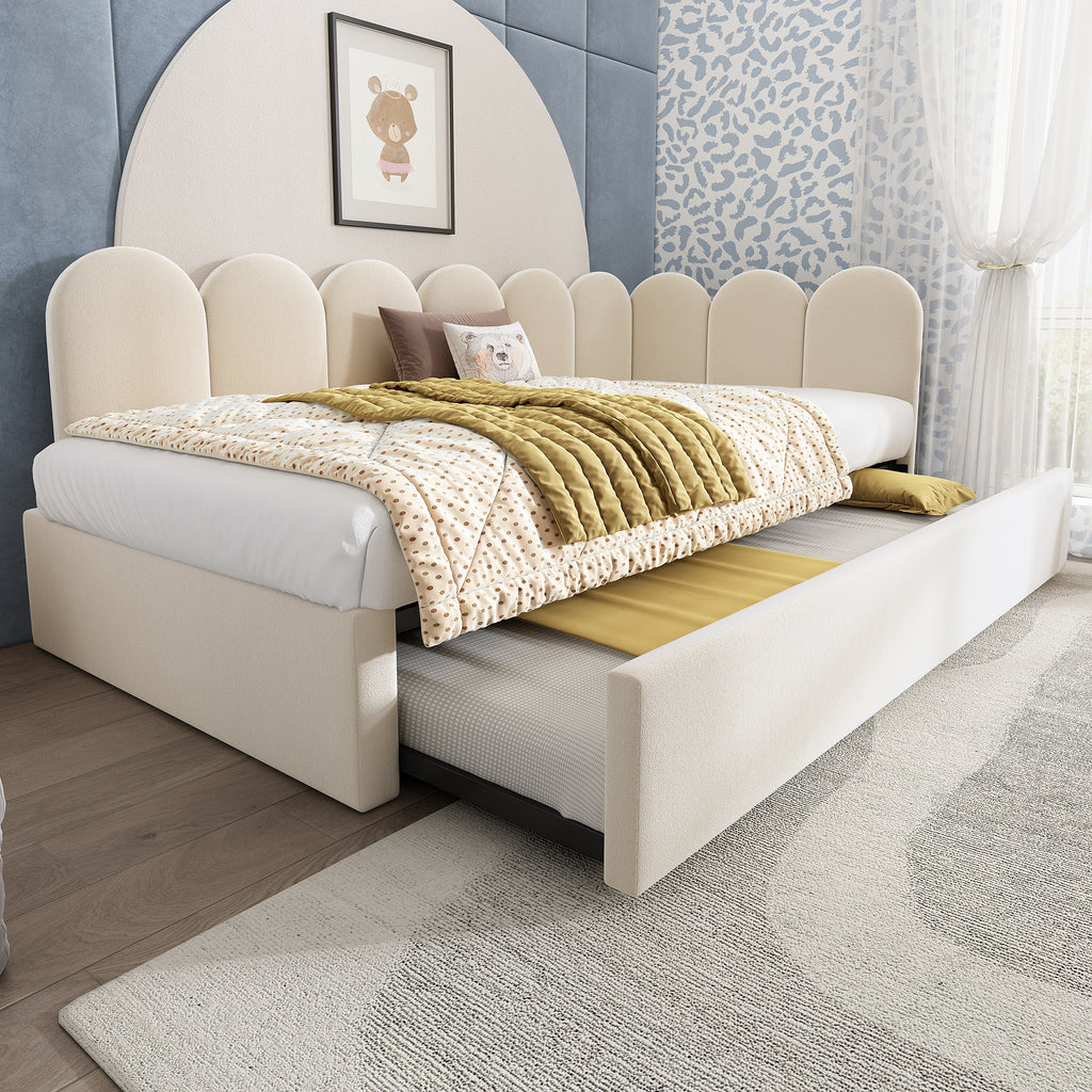 Upholstered Bed Daybed with Pull-Out Bed, 3FT Single Sofa Bed 90 x 190 cm, Guest Beds for Adults and Children, Bed with Slatted Frame, Velvet, Beige (No Mattress)
