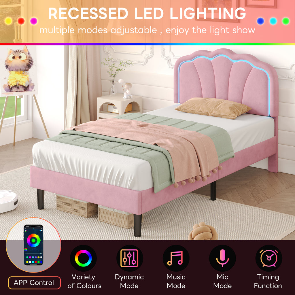 3ft Single Upholstered Bed with LED Adjustable Shell Shape Headboard, Soft Velvet Bed Frame with Solid Wood Slat, No Box Spring Needed, Easy Assembly, Pink (No Mattress)