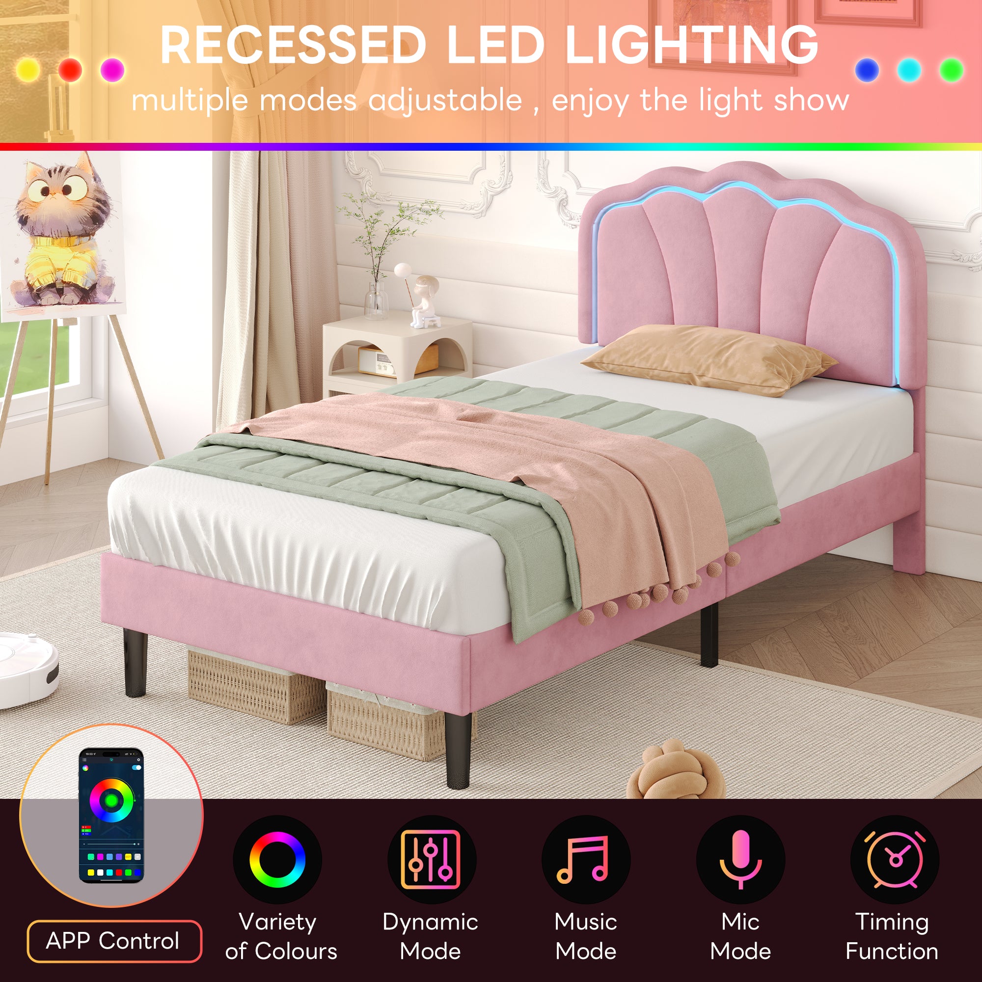 3ft Single Upholstered Bed with LED Adjustable Shell Shape Headboard, Soft Velvet Bed Frame with Solid Wood Slat, No Box Spring Needed, Easy Assembly, Pink (No Mattress)