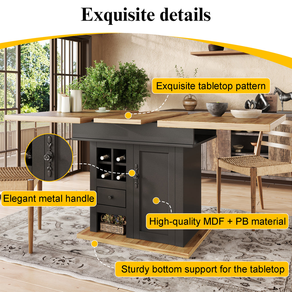 Telescopic dining table (110-140×80cm), foldable kitchen table for 4-6 people, extendable dining table, space-saving kitchen table, for kitchen and living room, dining table with wine rack and drawers