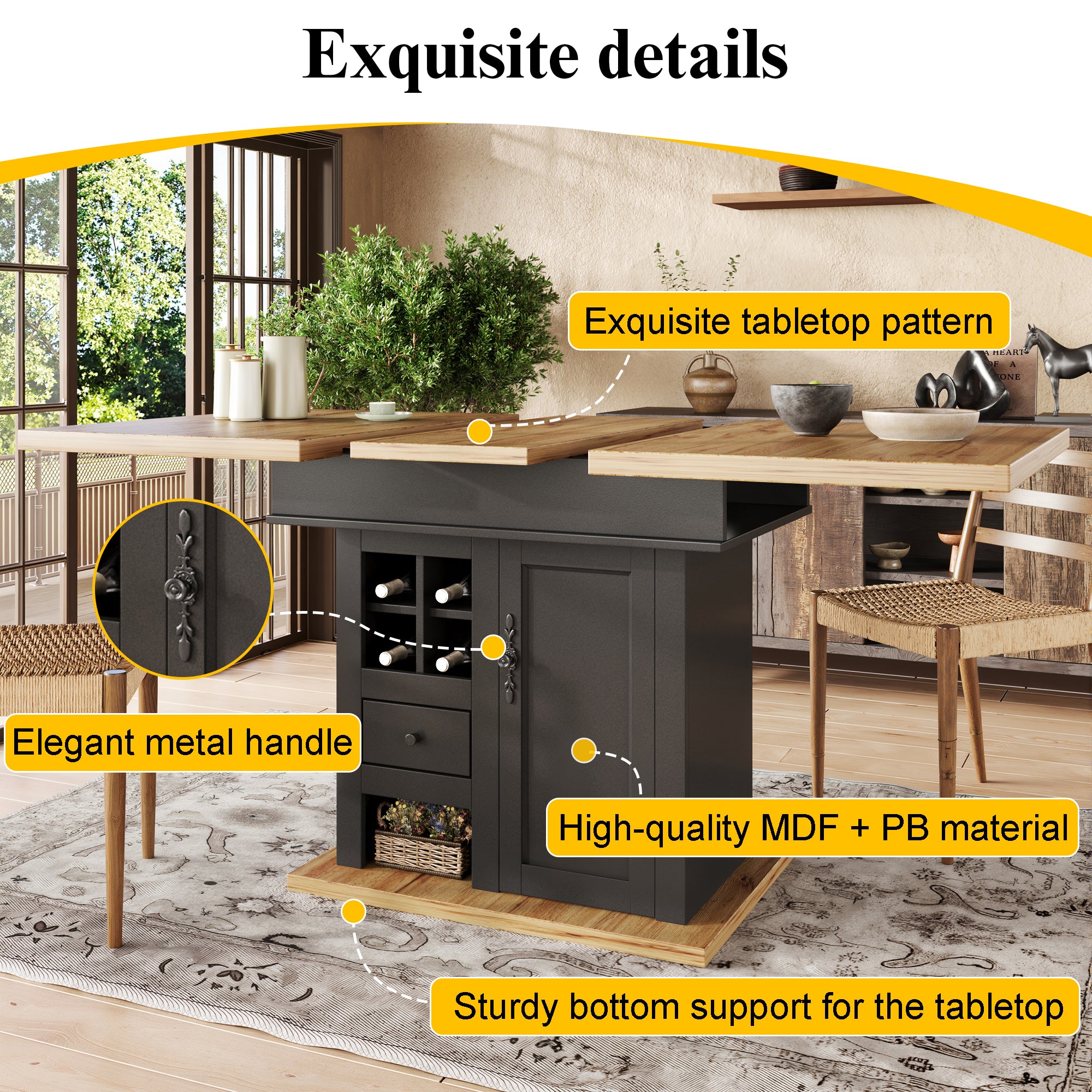 Telescopic dining table (110-140×80cm), foldable kitchen table for 4-6 people, extendable dining table, space-saving kitchen table, for kitchen and living room, dining table with wine rack and drawers