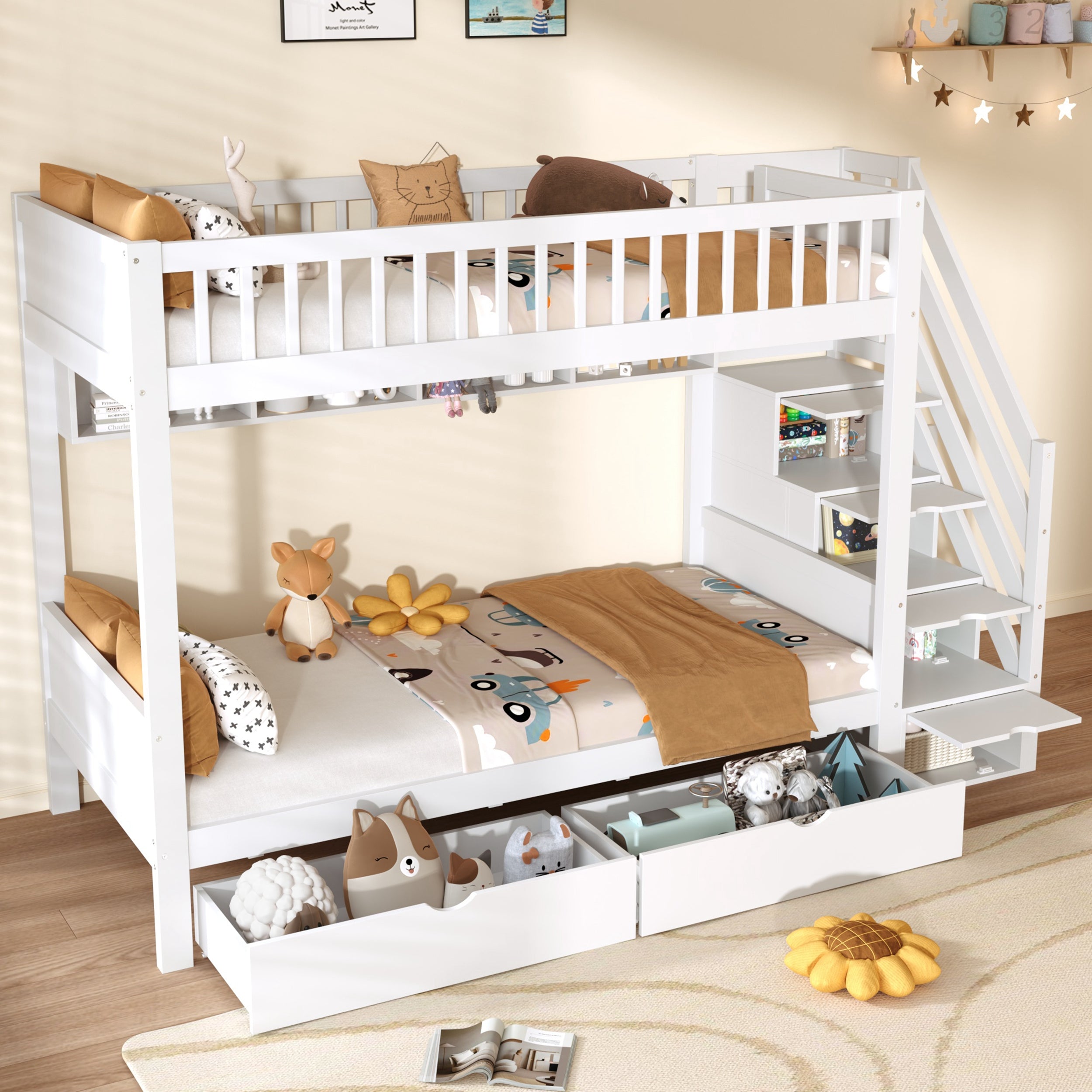 3ft Single Loft Bed with Under Bed Drawers, High-Quality Solid Wood Bunk Bed Frame with Integrated Stairway Storage, Shelving and Hidden Lockers, Safety Guardrails, White (No Mattress)