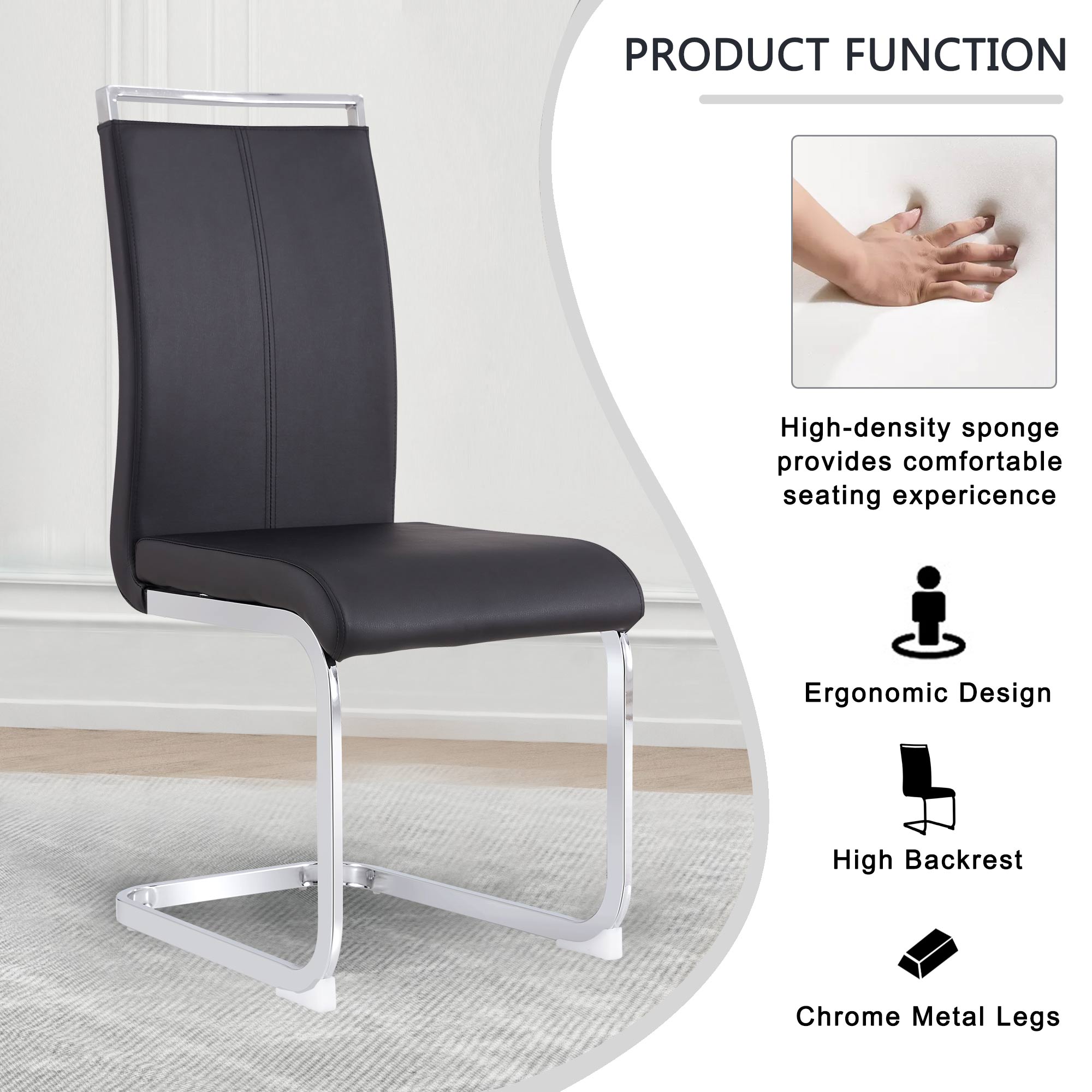 Cantilever chair, chrome-plated metal frame, can hold up to 120 kg, softly padded with imitation leather cover, black, (set, 4 pieces)