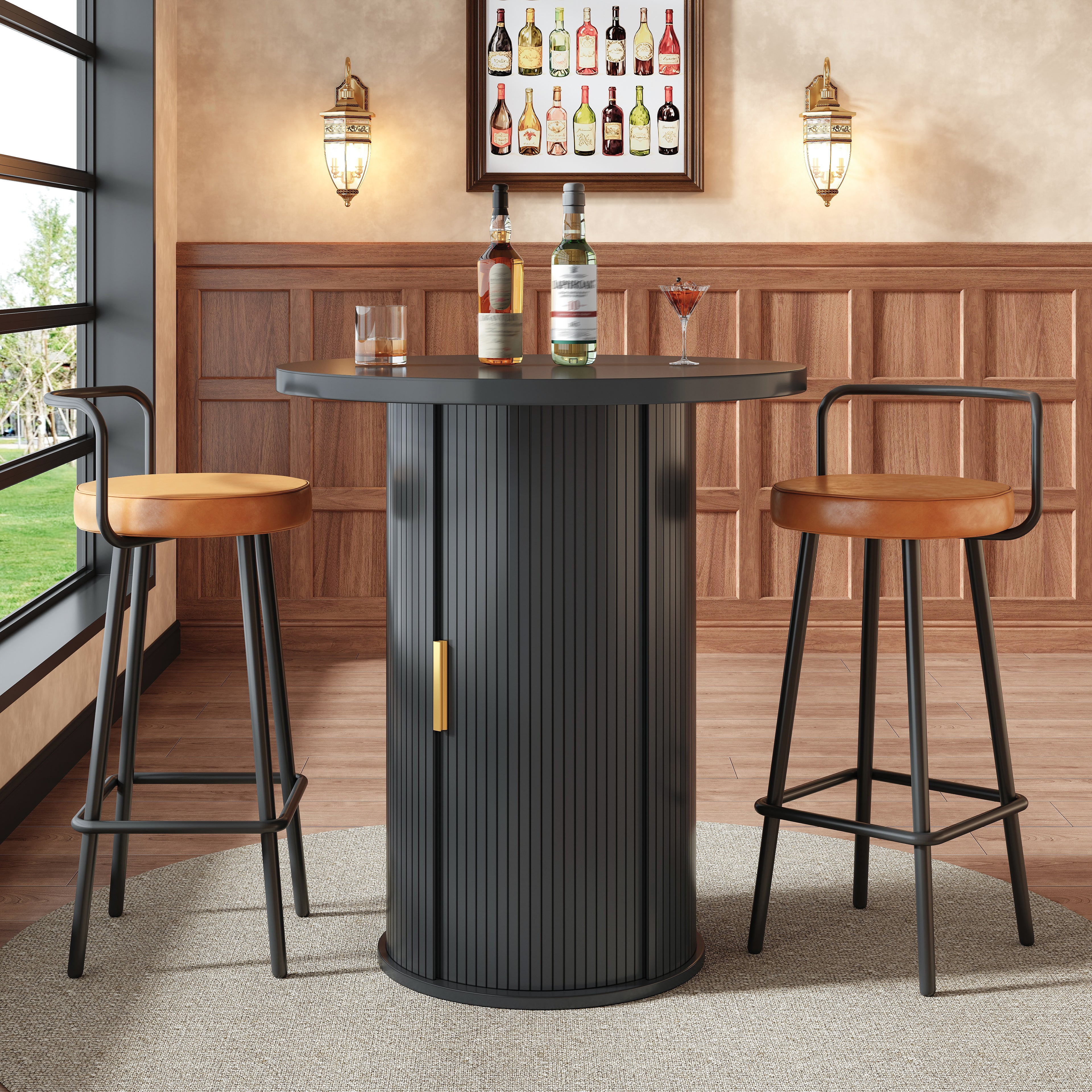 Round bar table with storage, 91.6cm high standing table with cabinet, MDF wood look, load capacity up to 75kg, for bar & living room