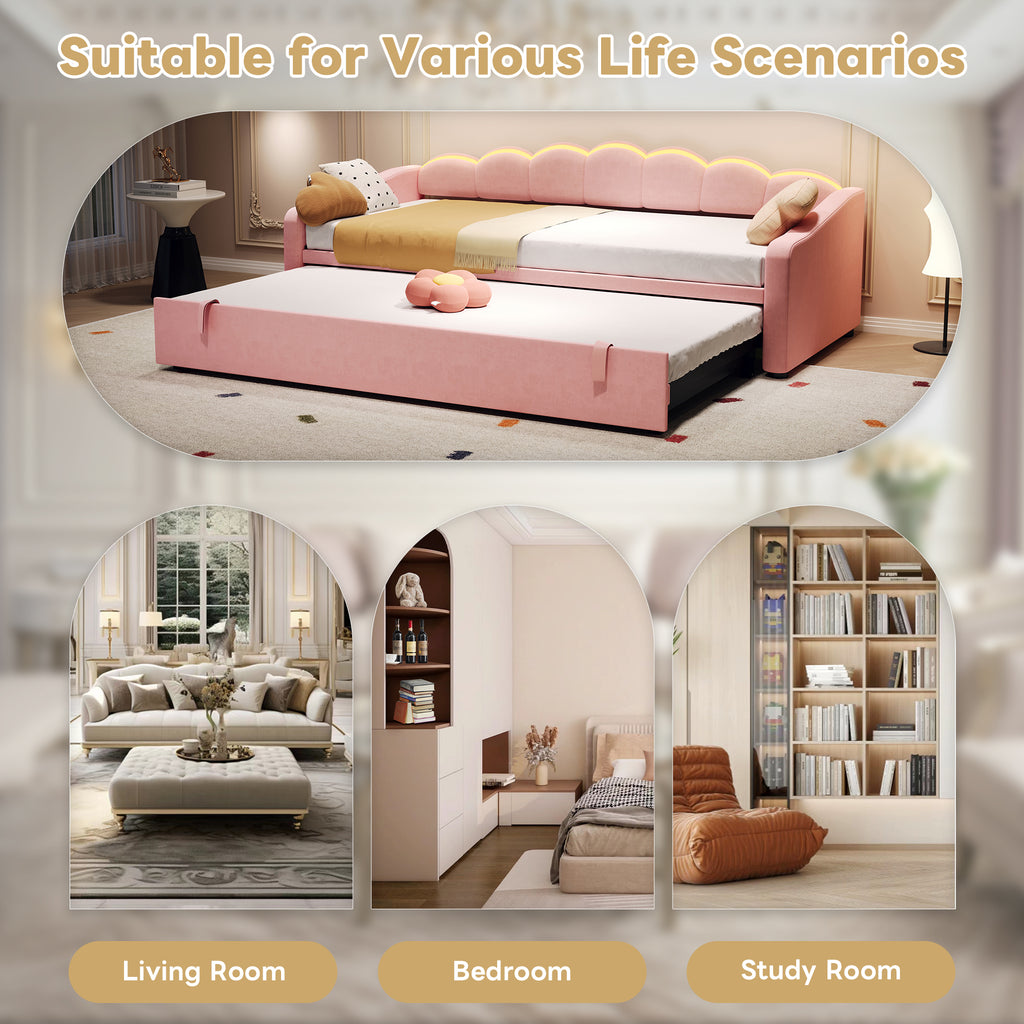 Upholstered Bed 90x190cm, Daybed, Sofa Bed with RGB LED Lighting, 3ft Petal Shape Single Bed with Trundle,Pull out Trundle Bed for Living Room/ Bedroom/ Study Room, Velvet, Pink (No Mattress)