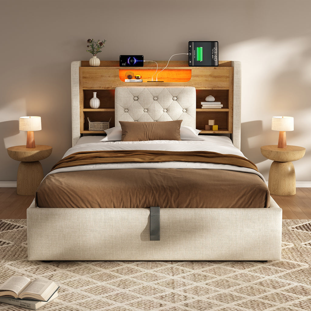 4ft6 Double Bed with Hydraulic Storage, Upholstered Bed Frame with LED Lighting & Charging Station, Storage Headboard for Cellphones & Tablets, 135 x 190 cm, Linen, Beige (No Mattress)