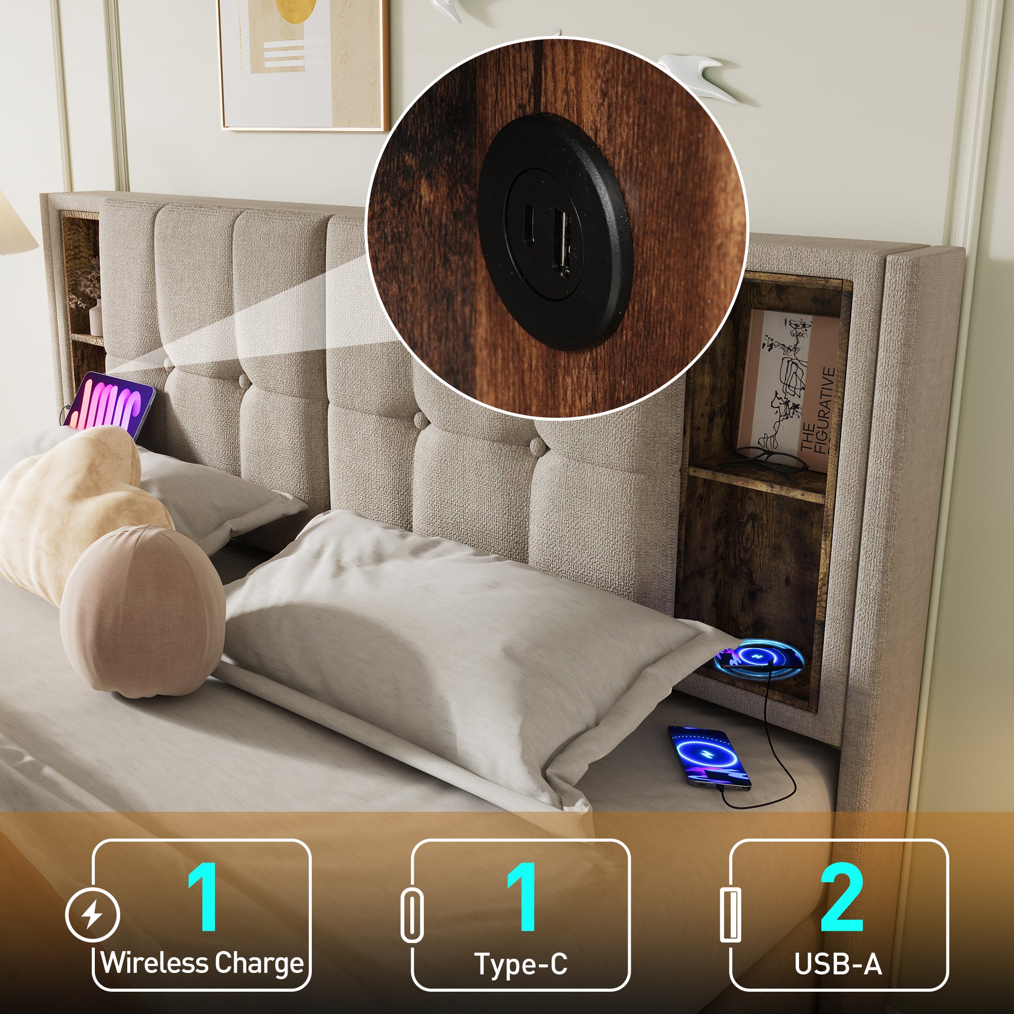 Upholstered Bed 6FT Super King Size Bed 180 x 200 cm with Wireless Charging (USB Type-C), Hydraulic Storage Bed with Hydraulic Lever, Linen Bed Frame with Large Storage Space, Natural (No Mattress)