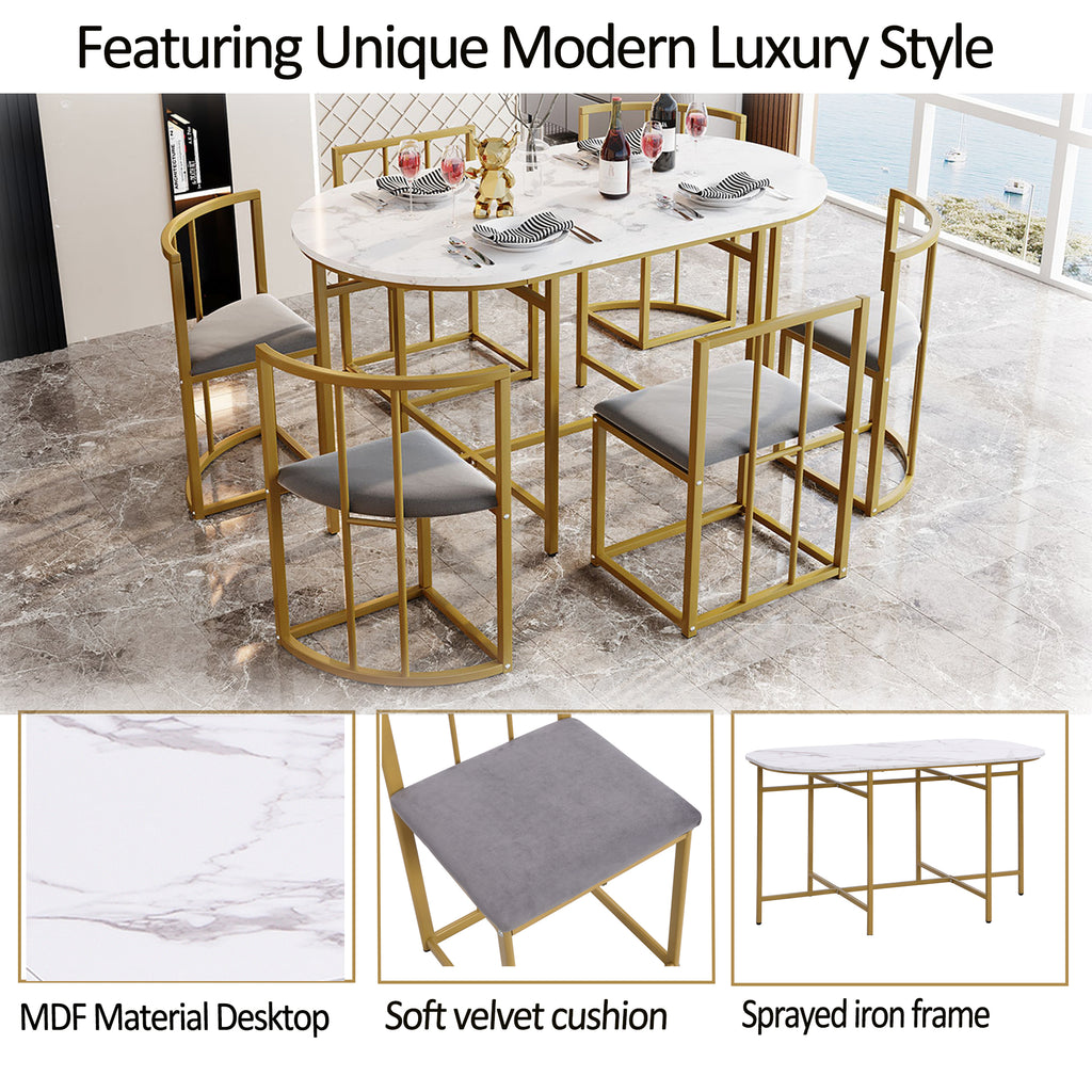 Six-Chair Dining Table Set:(White Table, Chairs with Backrests and Gray Upholstery, Gold Iron Frame),Dining Room Table and Chair Set,Modern Dining Table Combination