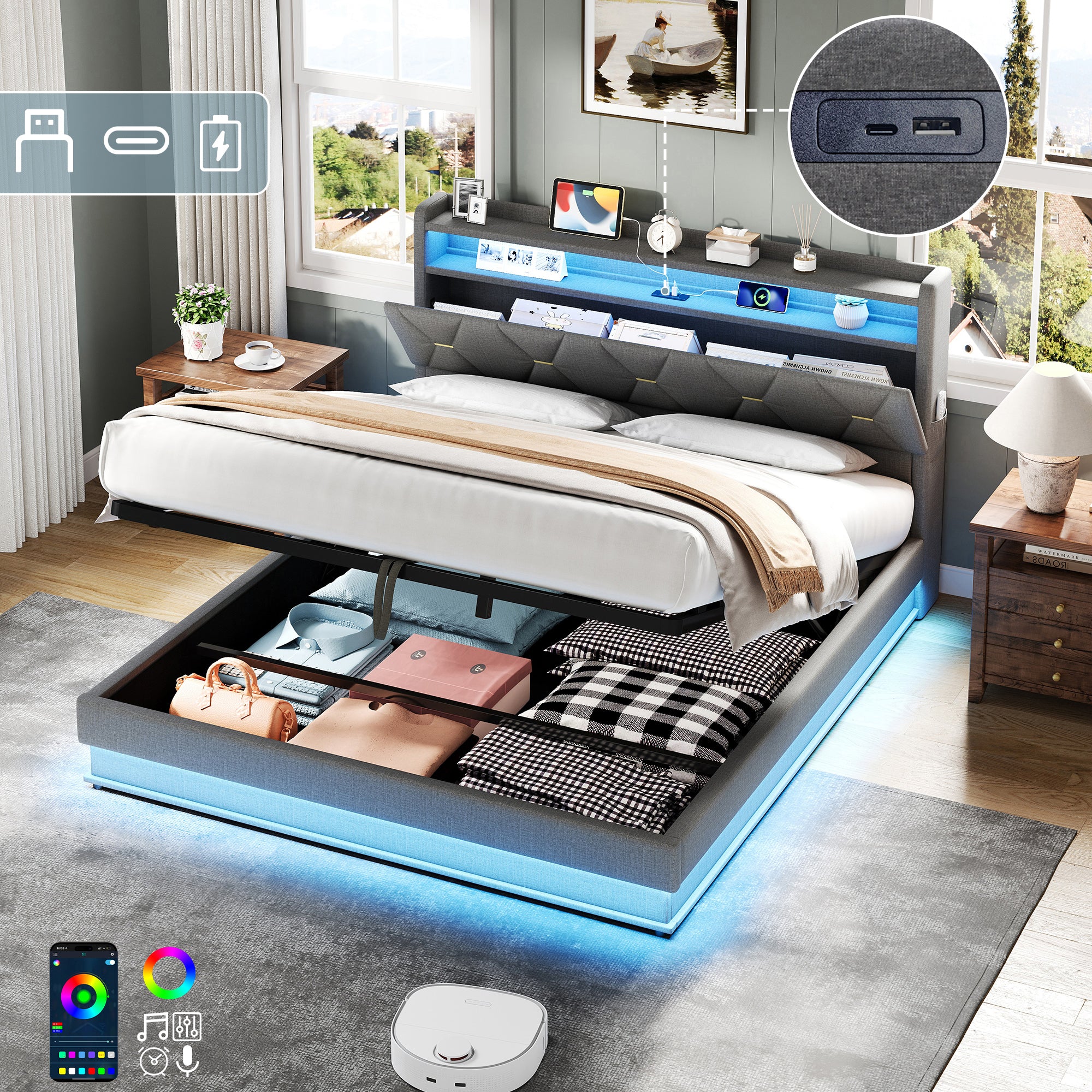 4ft6 Double Upholstered Bed Frame with Hydraulic Storage,  LED Headboard with Charging Station and Concealed Headboard Storage, USB and Type - C Ports, Linen, No Box Spring Needed, Grey (No Mattress)
