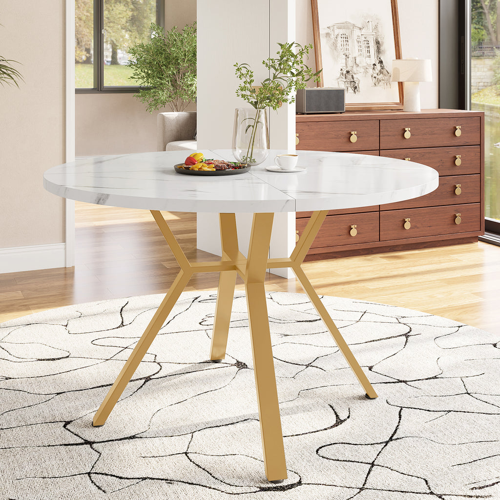 Modern and sleek round marble dining table (diameter 1 m), X-shaped coffee table with metal support, stable and durable, a must-have for fashionable homes