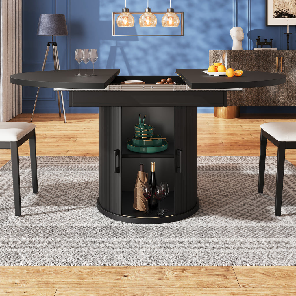Extendable dining table, dining room table, kitchen table, balcony table, extendable table top Round dining table, extends to oval, 118–158 cm, seats up to 6 people, walnut/black