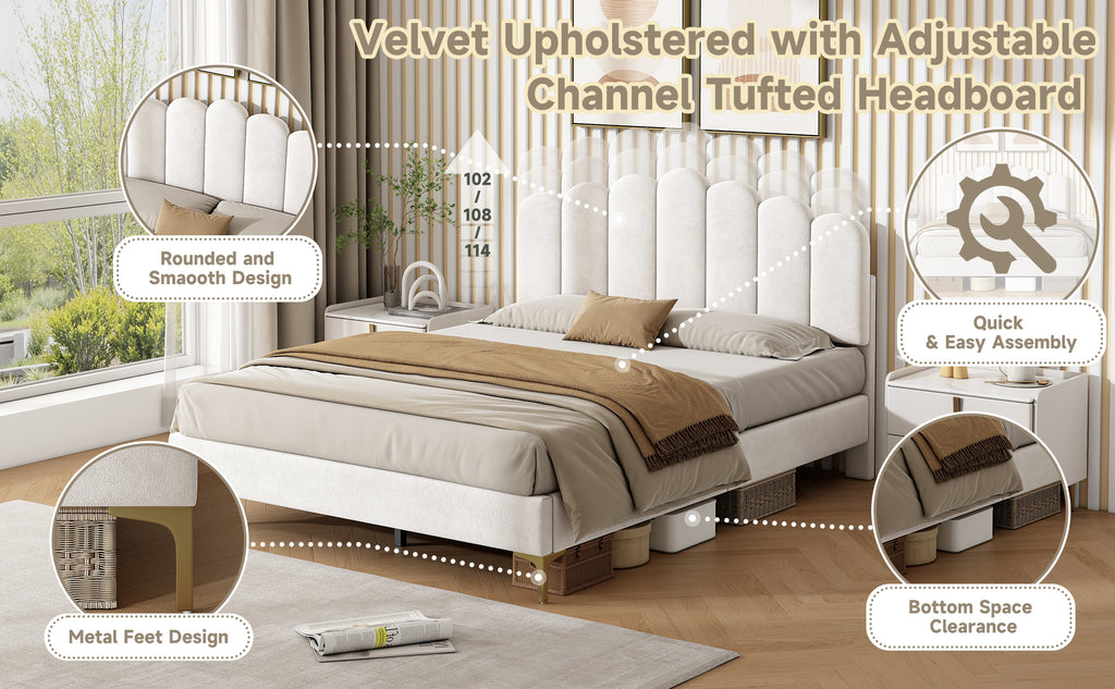 4ft6 Double Premium Velvet Upholstered Bed Frame with Scalloped Channel Tufted Design, Height Adjustable Headboard & Gold Metal Feet, Under-bed Storage Space, No Box Spring Needed, Beige (No Mattress)