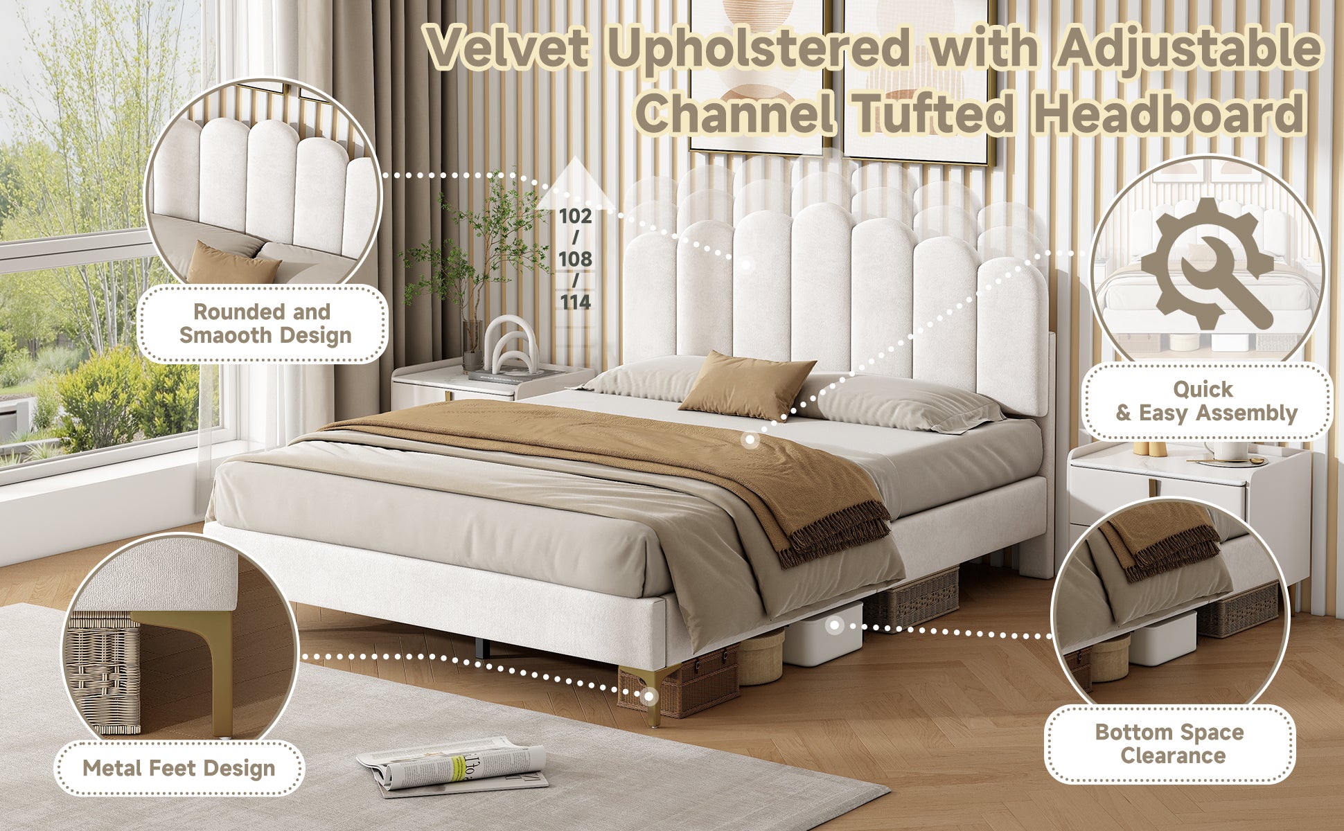 4ft6 Double Premium Velvet Upholstered Bed Frame with Scalloped Channel Tufted Design, Height Adjustable Headboard & Gold Metal Feet, Under-bed Storage Space, No Box Spring Needed, Beige (No Mattress)
