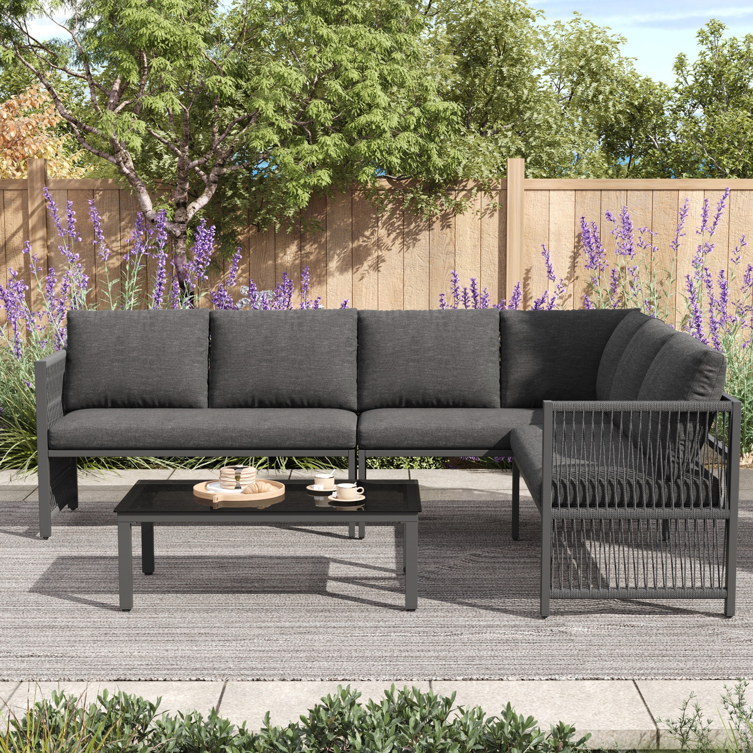 5-6 Seater Garden Furniture Set with Tempered Glass Coffee Table, L-Shaped Corner Sofa with Polyester Rope, Weatherproof Outdoor Patio Dining Lounge Set for Balcony and Terrace, Linen, Grey