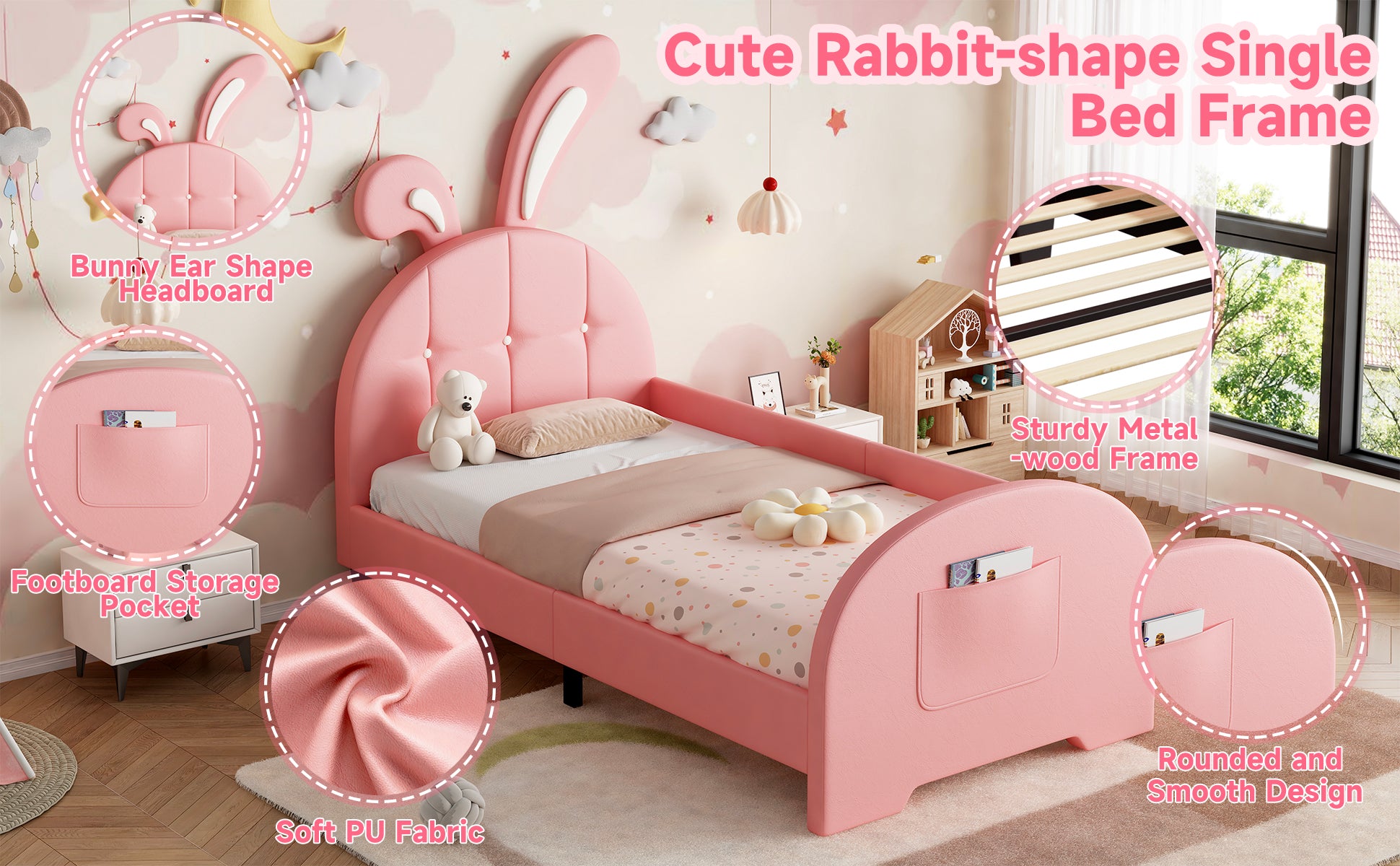 3ft Single Rabbit-Shaped Upholstered Bed Frame, Bunny Ear Headboard & Footboard Storage Pocket, Soft PU Leather Single Bed with Sturdy Metal-Wood Frame, Pink(No Mattress)