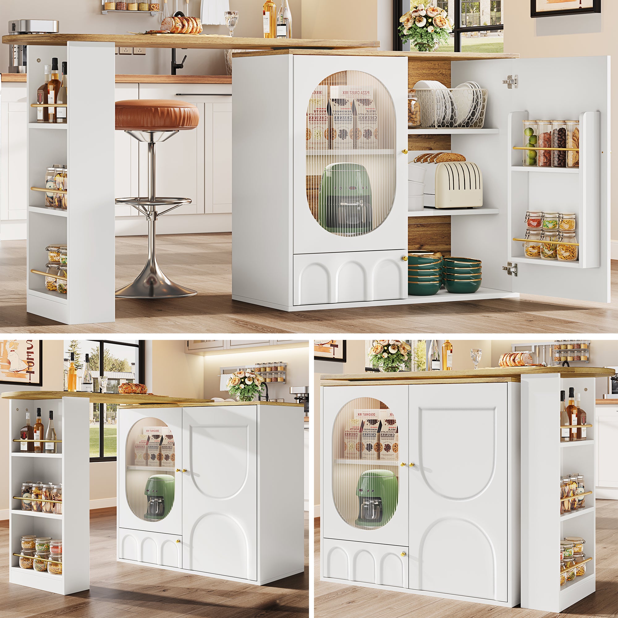 360° rotating bar table (body 138 x 39 x 105 cm), coffee bar furniture, rotating dining table with storage space, kitchen island, two doors with shelves, sideboard, buffet, white