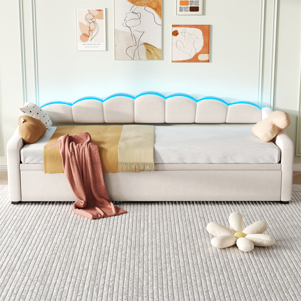 Upholstered Bed 90x190cm, Daybed, Sofa Bed with RGB LED Lighting, 3ft Petal Shape Single Bed with Trundle,Pull out Trundle Bed for Living Room/ Bedroom/ Study Room, Velvet, Beige (No Mattress)