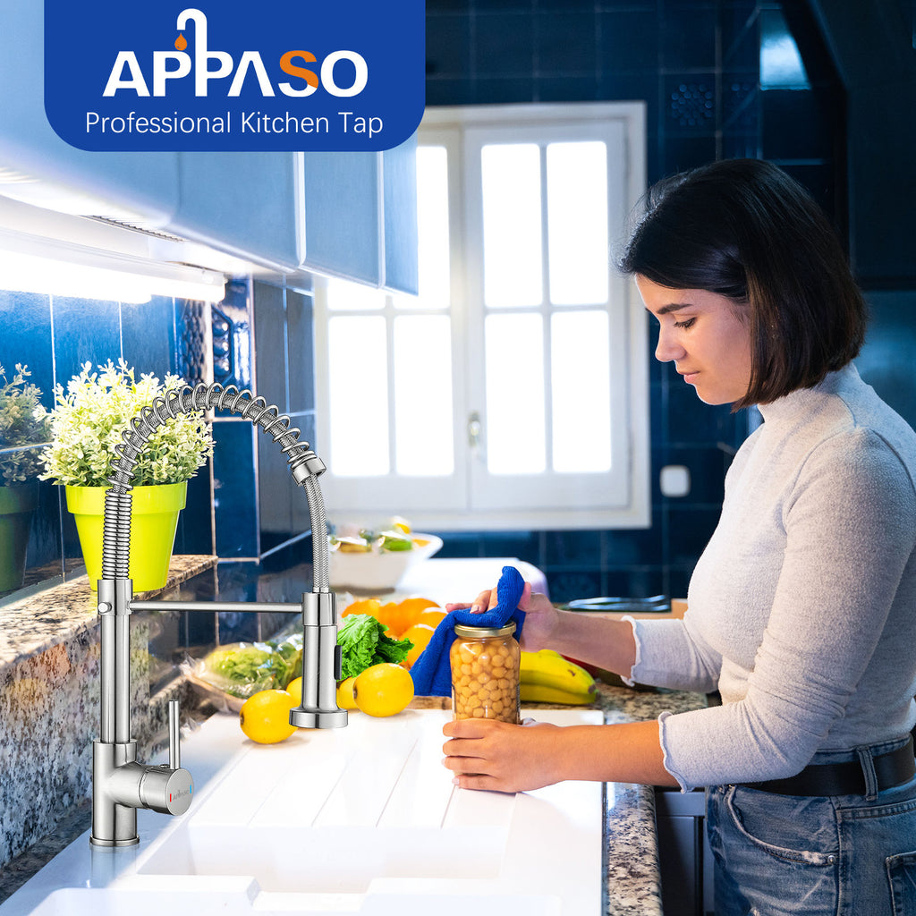 Brushed Stainless Pull-Down Kitchen Mixer Tap - 2 Spray Modes
