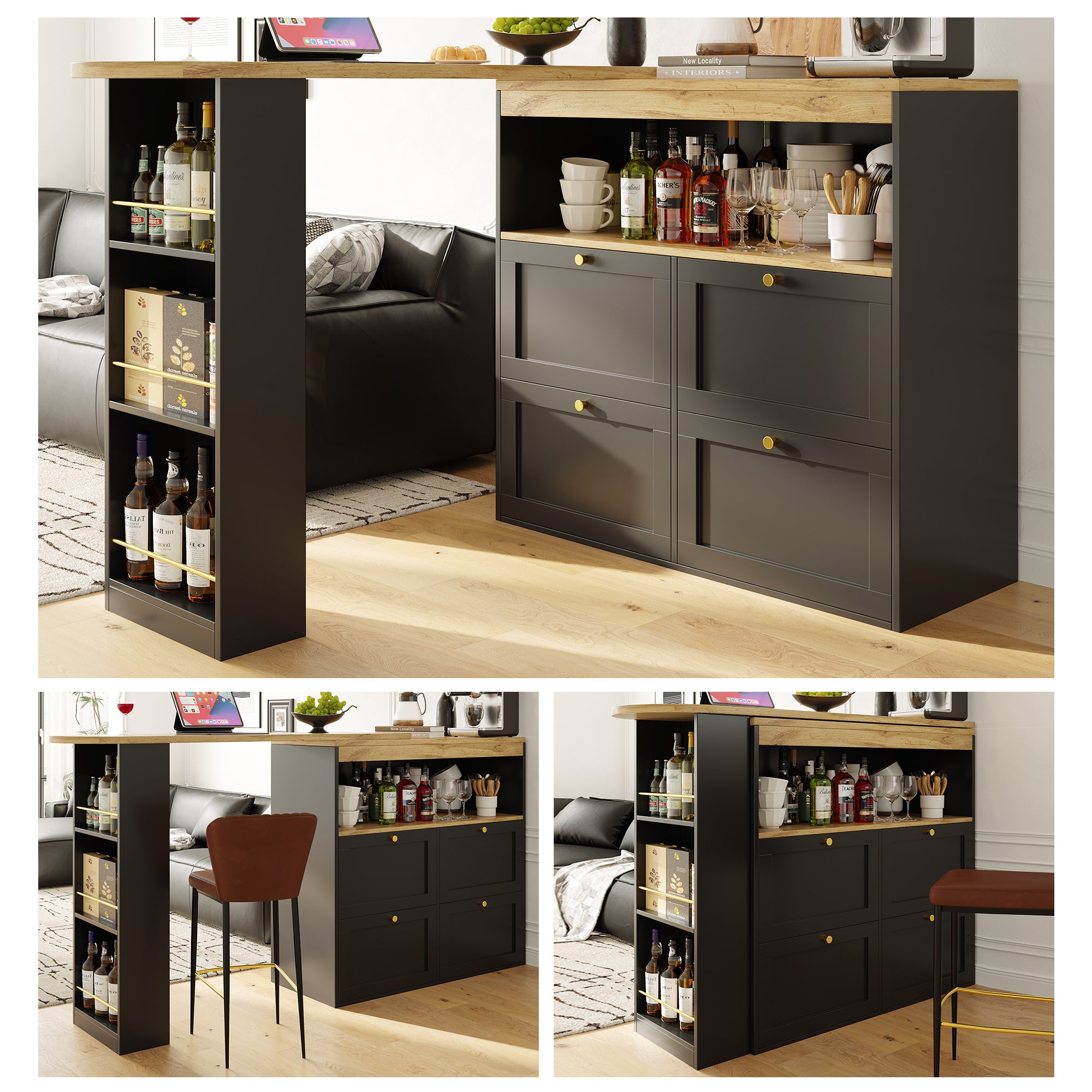 360° Swivelling Bar Table (Main Body 105 x 39 x 102 cm), with 4 Drawers and Open Shelves, Suitable for Dining Room/Study/Living room etc.