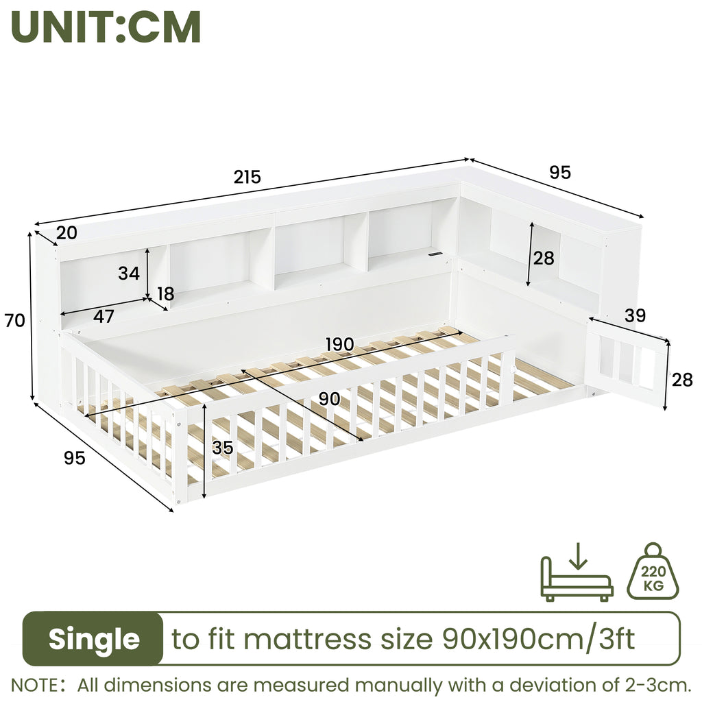 3ft Single Floor Bed Frame with Beside Bookcase and Storage Shelves, Full Floor Bed Frame with Guardrails and Door for Bedroom, USB and Type - C Ports, White (No Mattress)