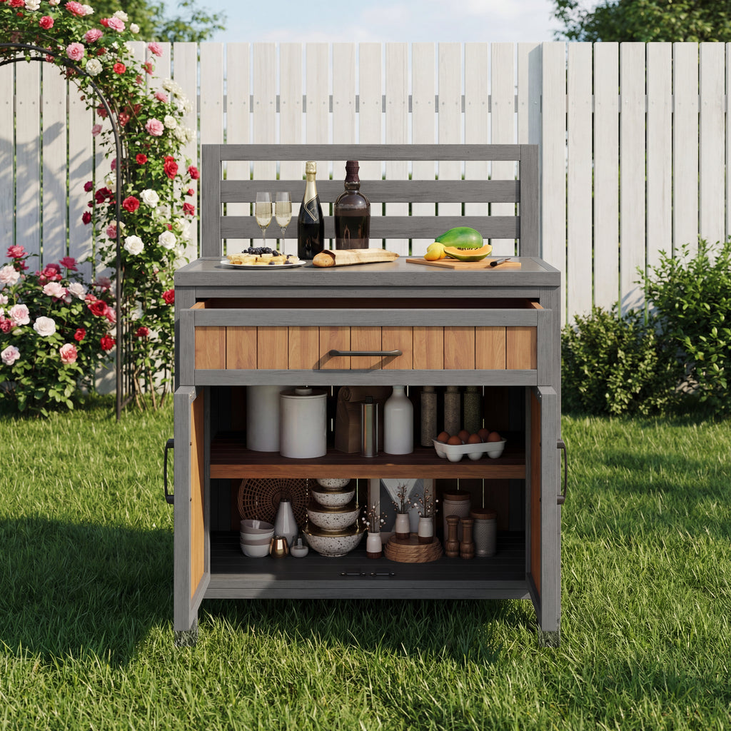 Wooden garden cabinet, weatherproof outdoor storage cabinet, outdoor cupboard with large work surface & drawer, grill station with adjustable shelves, weatherproof kitchen cabinet for patio, balcony
