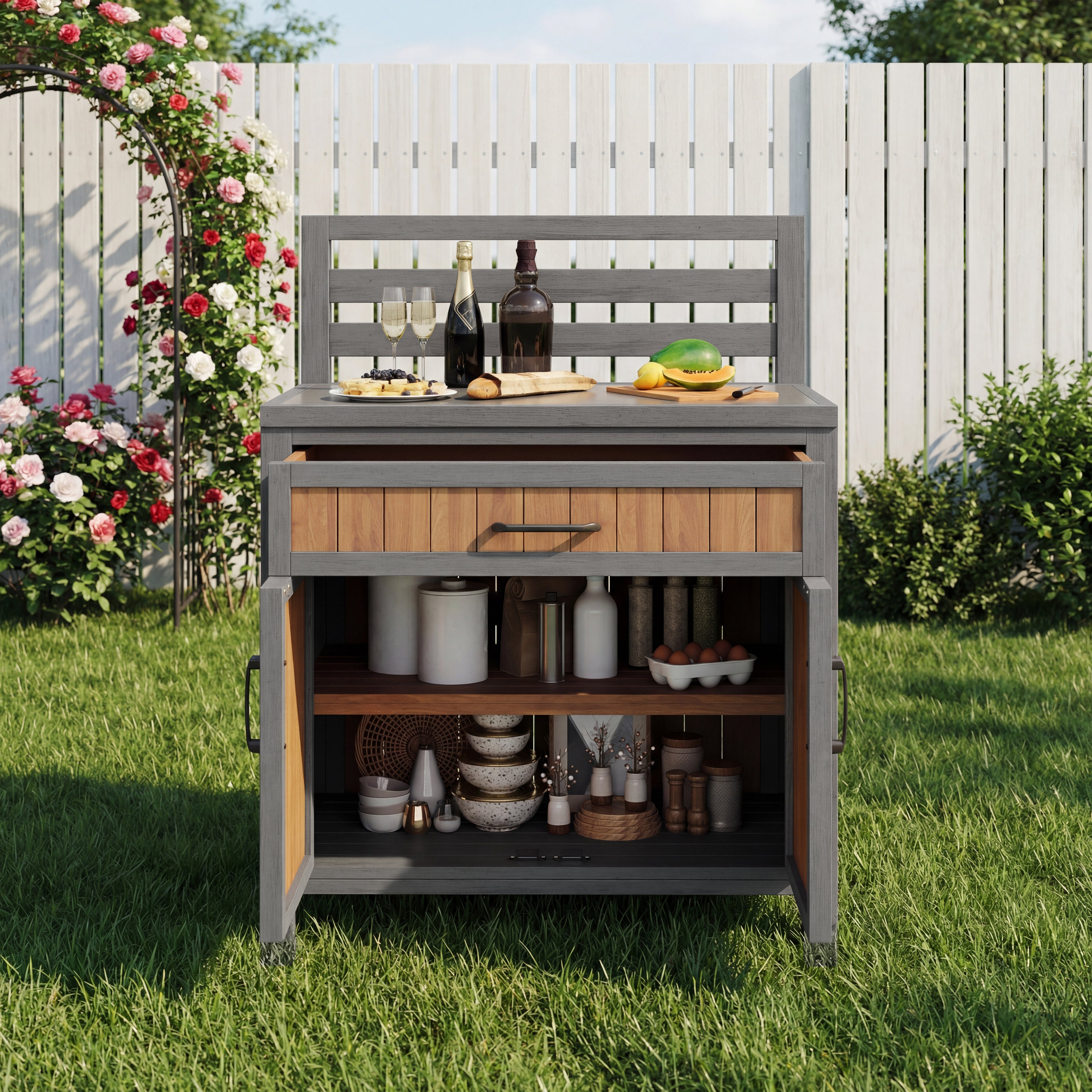Wooden garden cabinet, weatherproof outdoor storage cabinet, outdoor cupboard with large work surface & drawer, grill station with adjustable shelves, weatherproof kitchen cabinet for patio, balcony