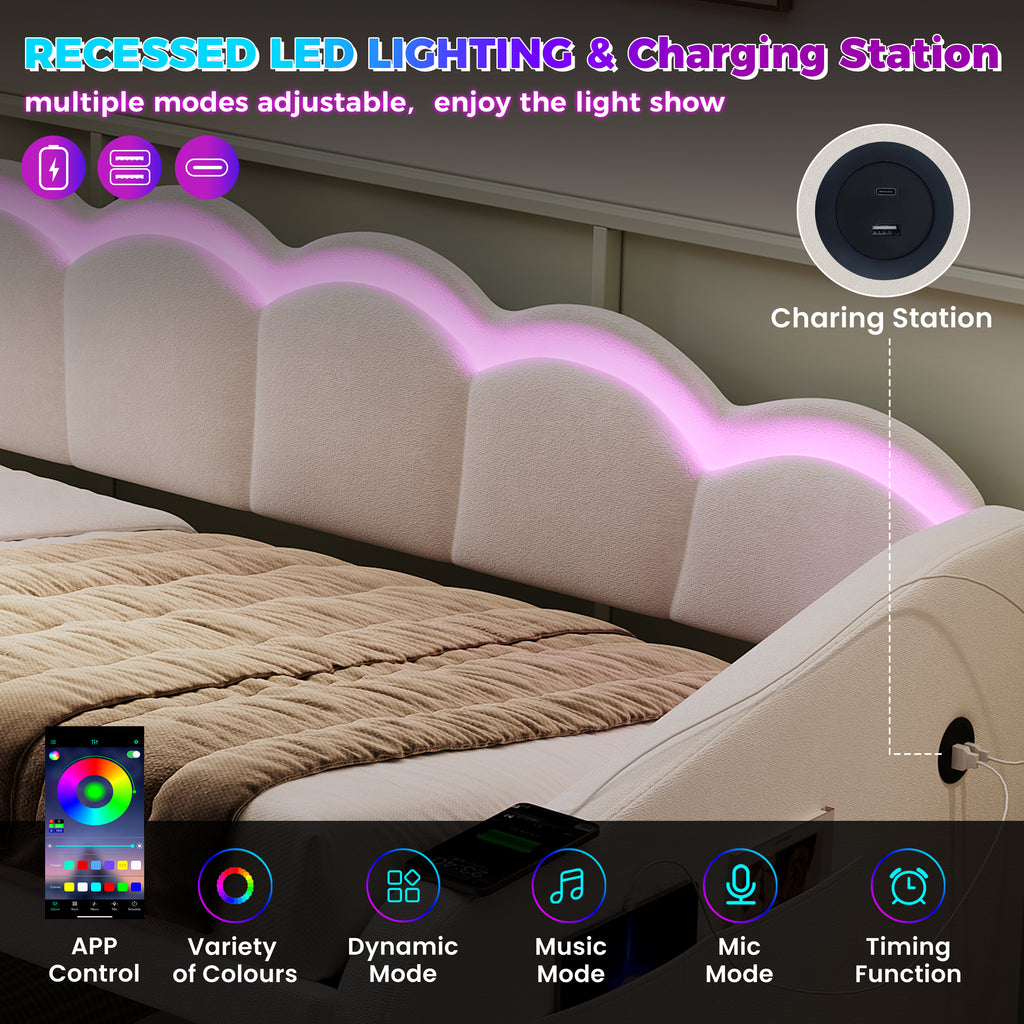 Upholstered Bed 90x190cm, Daybed, RGB LED Sofa Bed with Charging Station, 3ft Petal Shape Single Bed with Hydraulic Storage for Living Room/ Bedroom/ Study Room, Velvet, Beige (No Mattress)