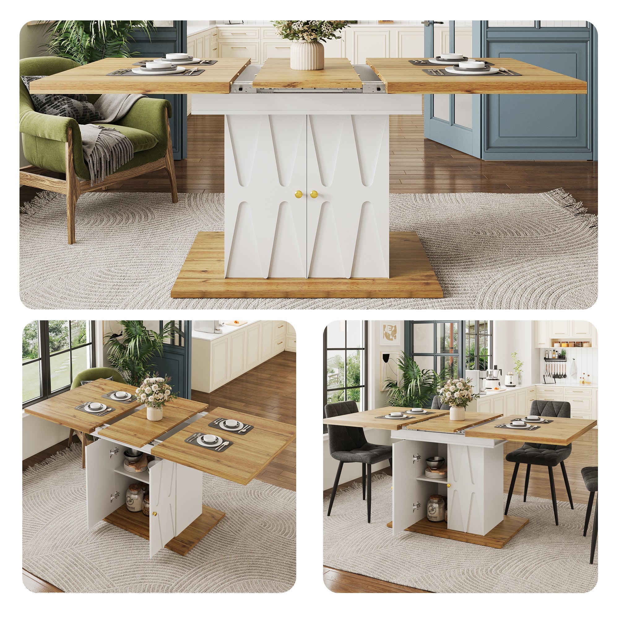 Extendable Dining Table with Relief Pattern - For Kitchen & Living Room, Wood Veneer Finish, Size 110x70x76.5cm (Extends to 140cm)