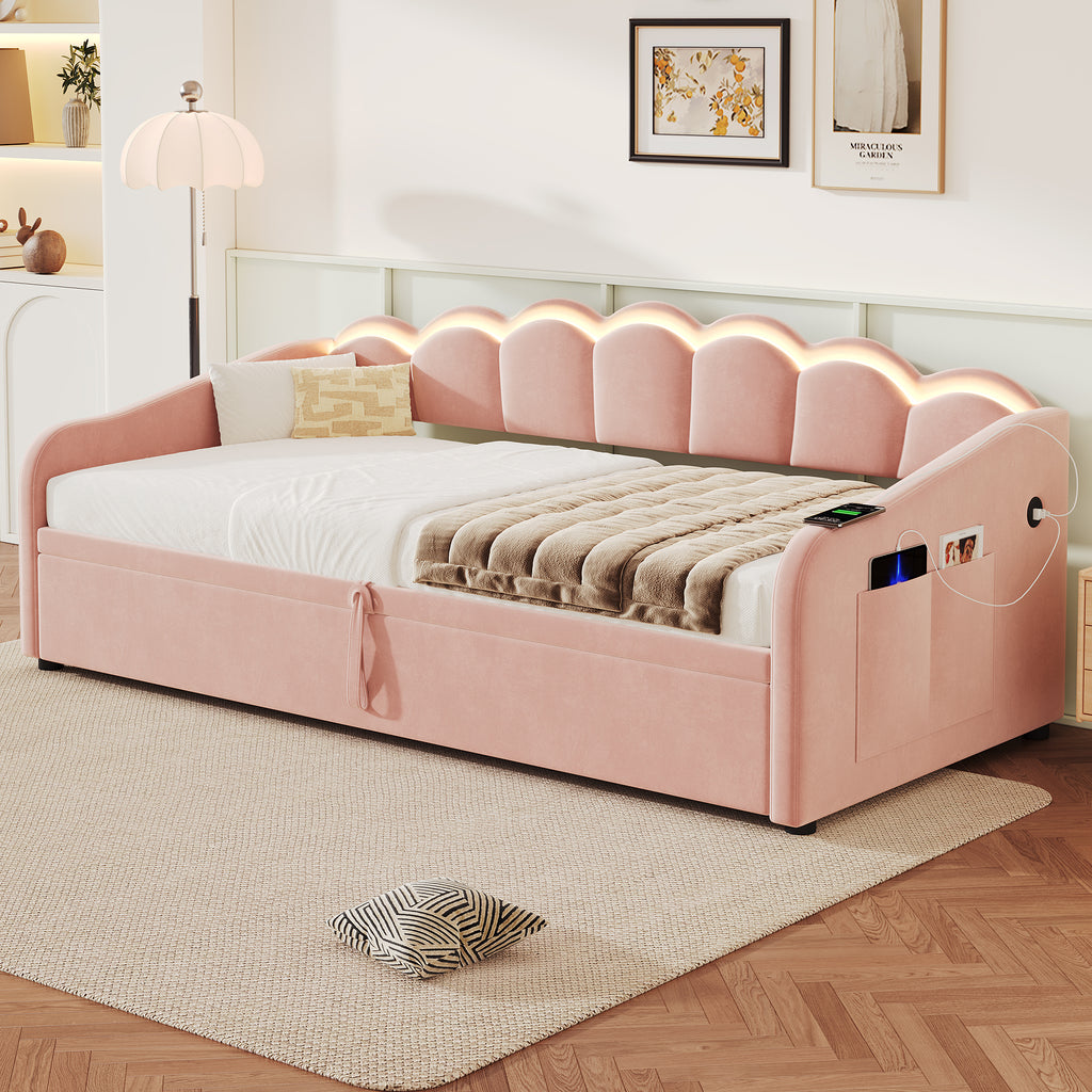 Upholstered Bed 90x190cm, Daybed, RGB LED Sofa Bed with Charging Station, 3ft Petal Shape Single Bed with Hydraulic Storage for Living Room/ Bedroom/ Study Room, Velvet, Pink (No Mattress)