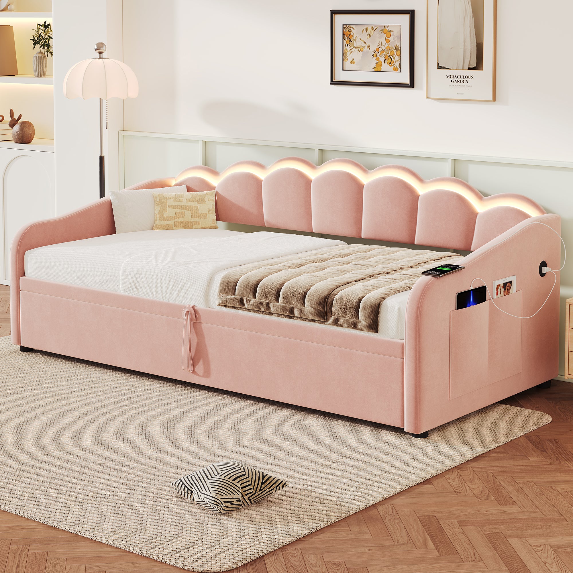 Upholstered Bed 90x190cm, Daybed, RGB LED Sofa Bed with Charging Station, 3ft Petal Shape Single Bed with Hydraulic Storage for Living Room/ Bedroom/ Study Room, Velvet, Pink (No Mattress)