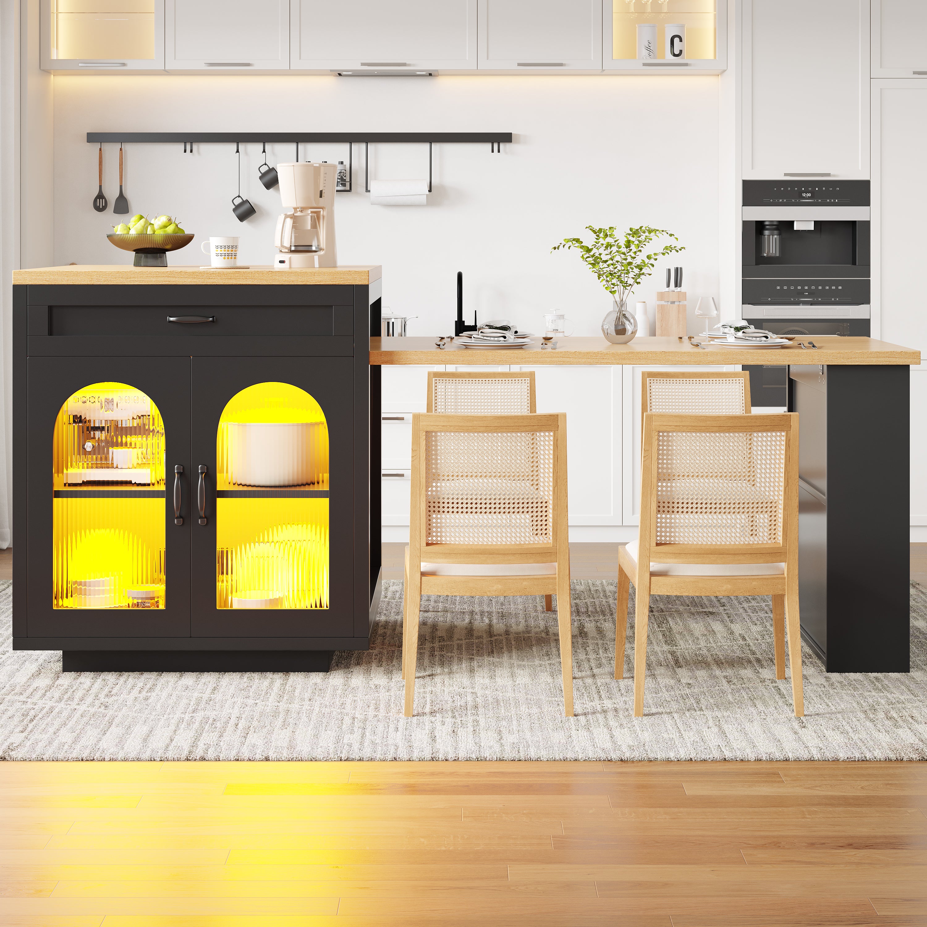 Extendable Kitchen Island with LED Lighting, Modern Storage Cabinet with 2 Drawers & Adjustable Shelves, Kitchen Sideboard with Fluted Glass Doors, MDF Kitchen Countertop for Dining Room