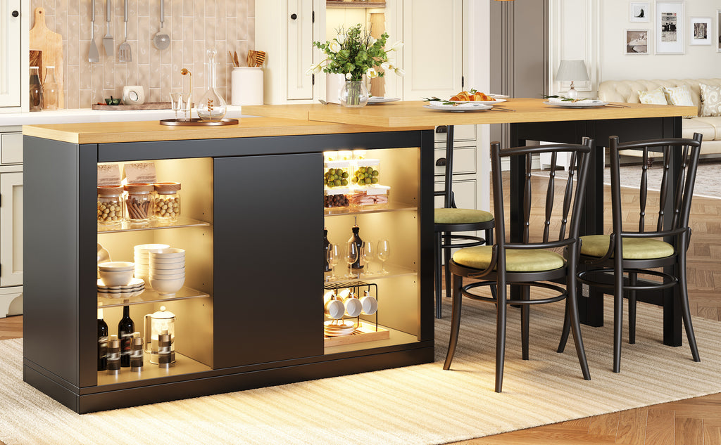 Extendable Sideboard with LED Lights, 120-197 cm Adjustable Dining Table with Storage, Kitchen cabinet with glass shelves & snack rack, White/Black