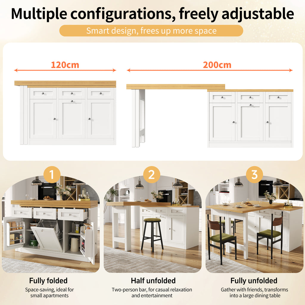 Extendable bar table with storage space, fold-out dining table with drawer and snack tray, pull-out bin holder (bin not included), space-saving design for small flats, kitchens, balconies,
White