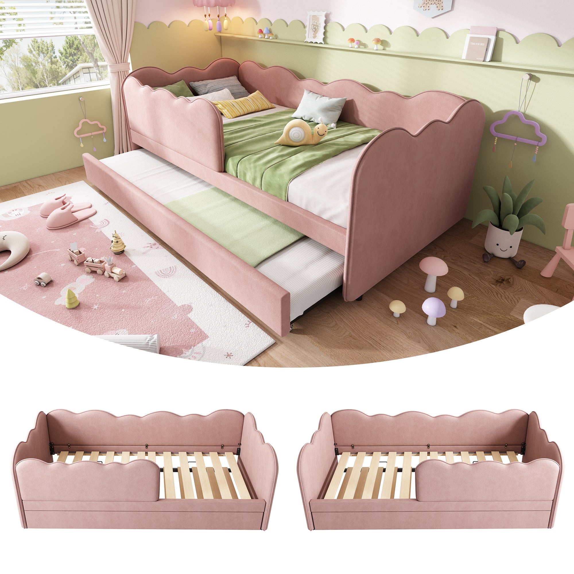 Upholstered Bed Daybed 90 x 190 cm, 3FT Single Bed with Pull out Trundle, Sofa Bed For Adults and Children, Single Daybed With Slatted Frame, Velvet, Pink (No Mattress)