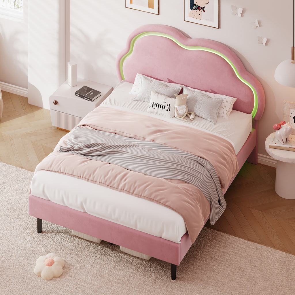 4ft6 Double Upholstered Bed with LED Adjustable Cute Cloud Headboard, Soft Velvet Bed Frame with Solid Wood Slat, No Box Spring Needed, Easy Assembly, Pink (No Mattress)