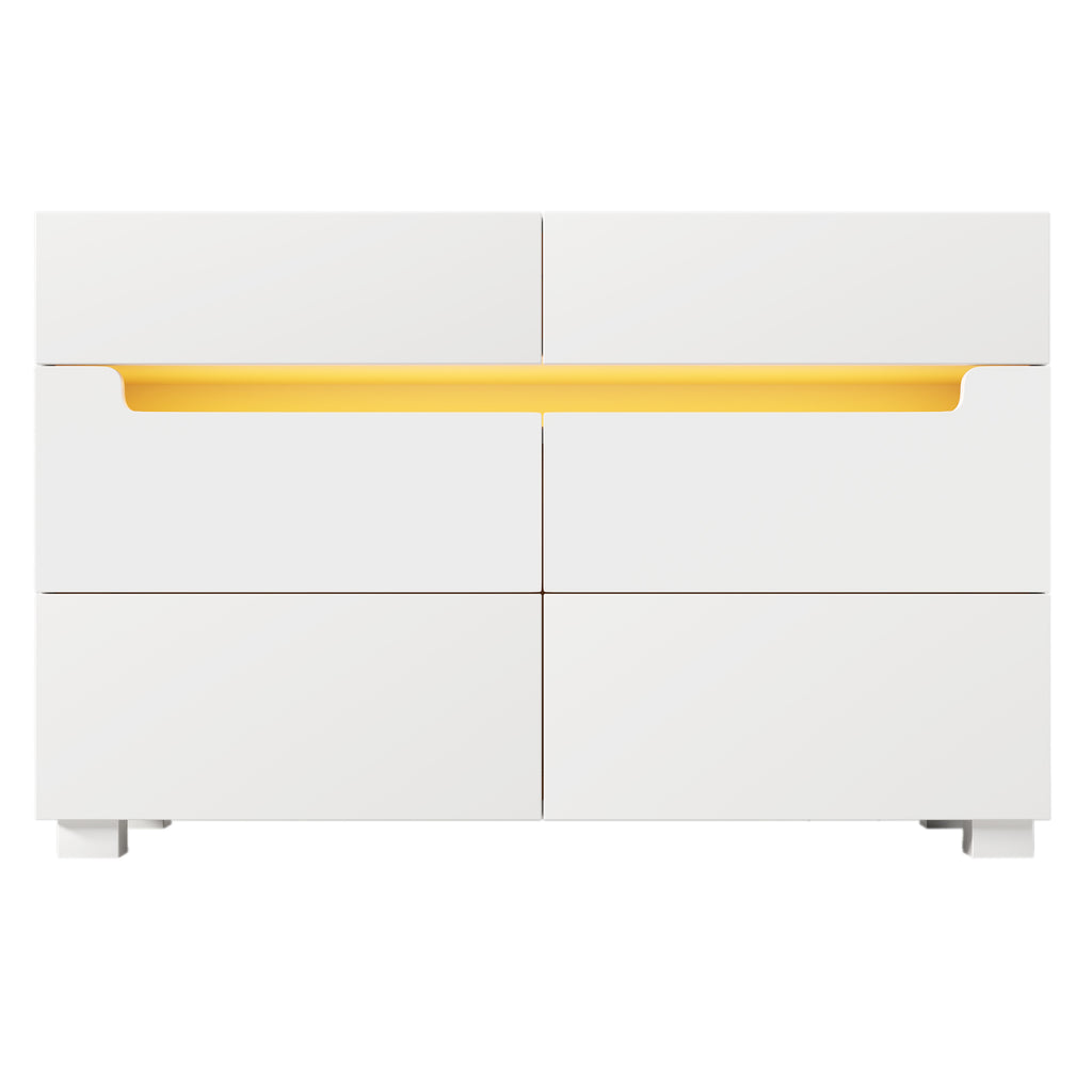 Sideboard Cabinet Dresser with 6 Drawers,Storage with RGB LED(App Control), Sideboard with Cut-out Handles, 6-drawers Chest of Drawers, 71 x 120 x 40 cm, White