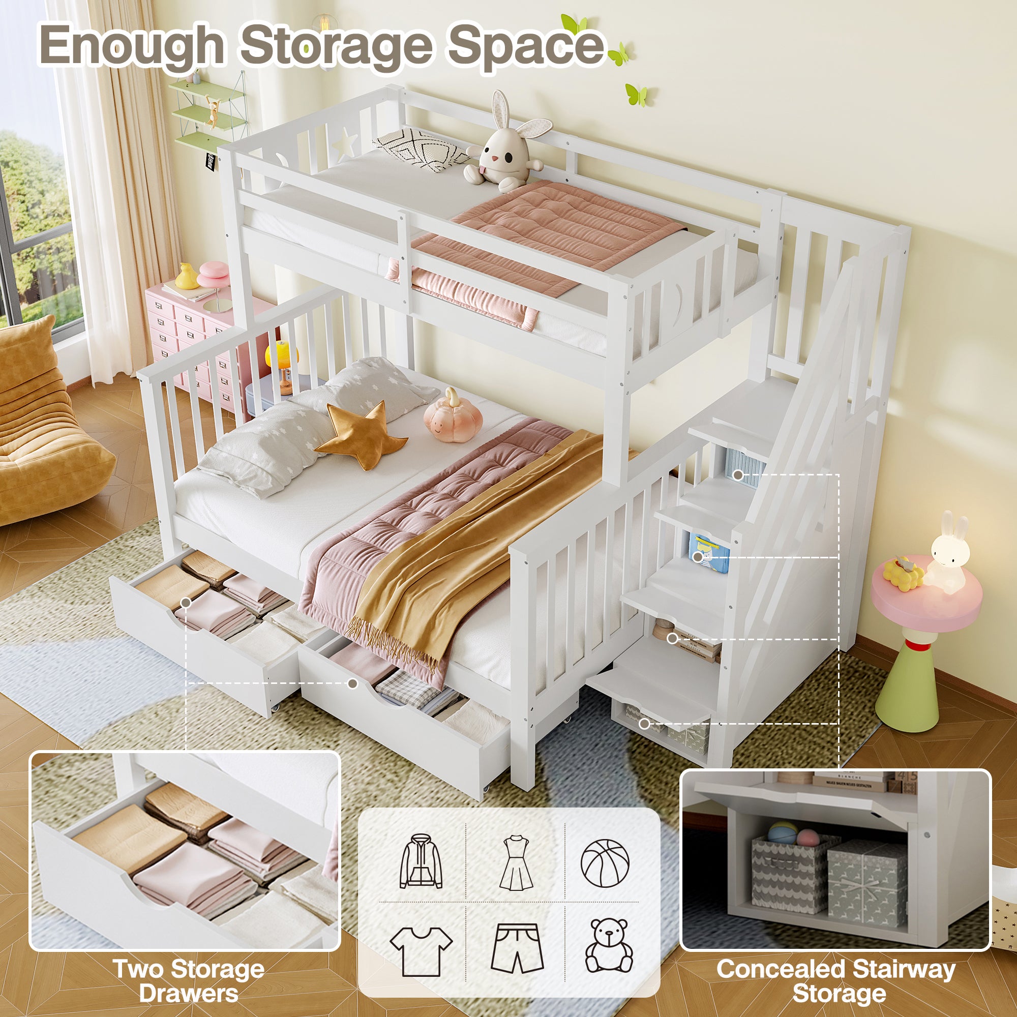 Bunk Beds for Kids, Double High Sleeper Bed Frame with Storage and Guardrail, Space-Saving Design with Drawer Storage, Children Cabin Bed with Storage Stair for Bedroom, Dorm, White (No Mattress)