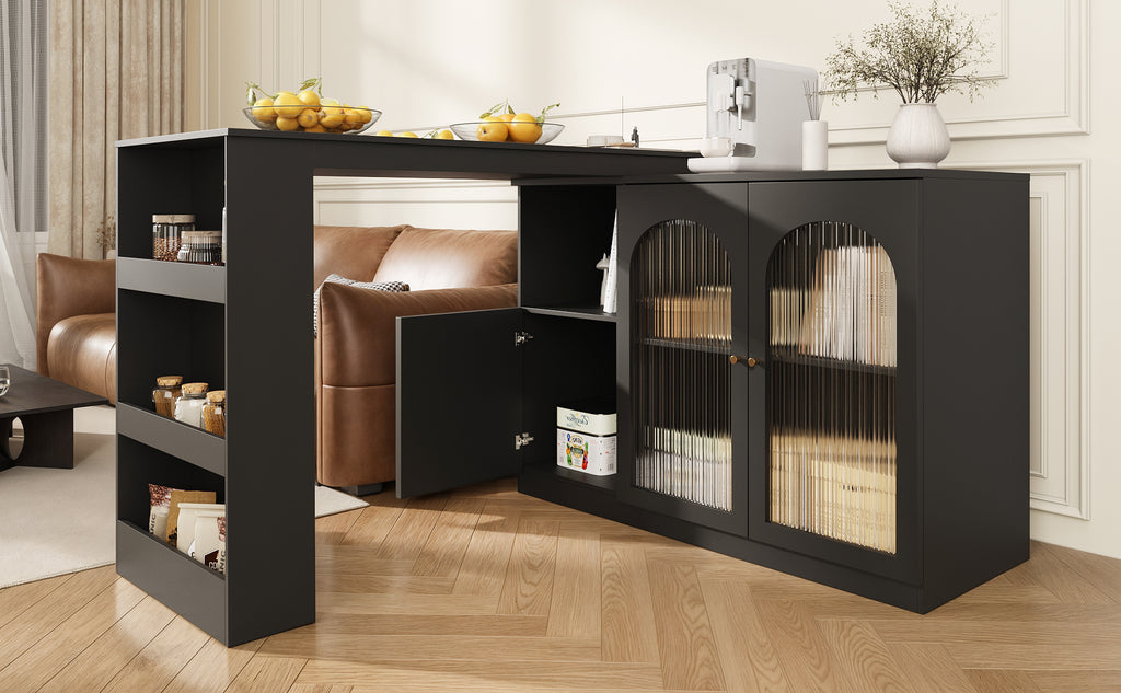 360° rotating bar table (main body 120 x 40 x 97 cm), modern and simple black rotating dining and bar cabinet, multifunctional storage cabinet with glass door