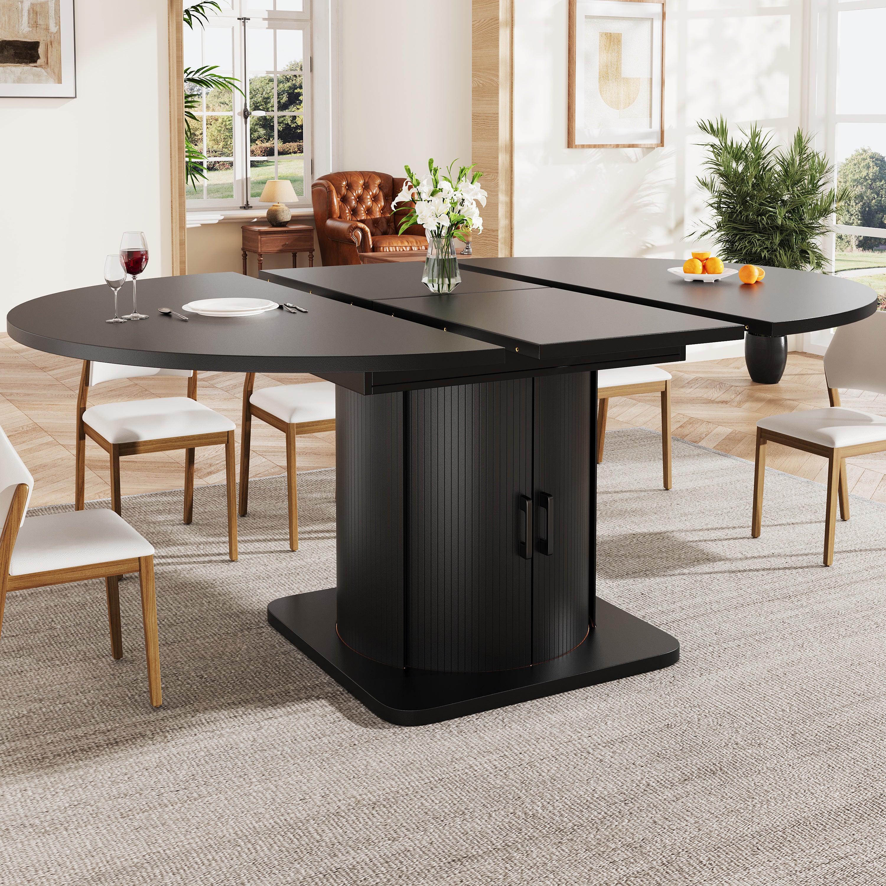 Extendable dining table, dining room table, kitchen table, round dining table, extends to oval, 118-158 cm, seats up to 6 people, dining table with drawers, black