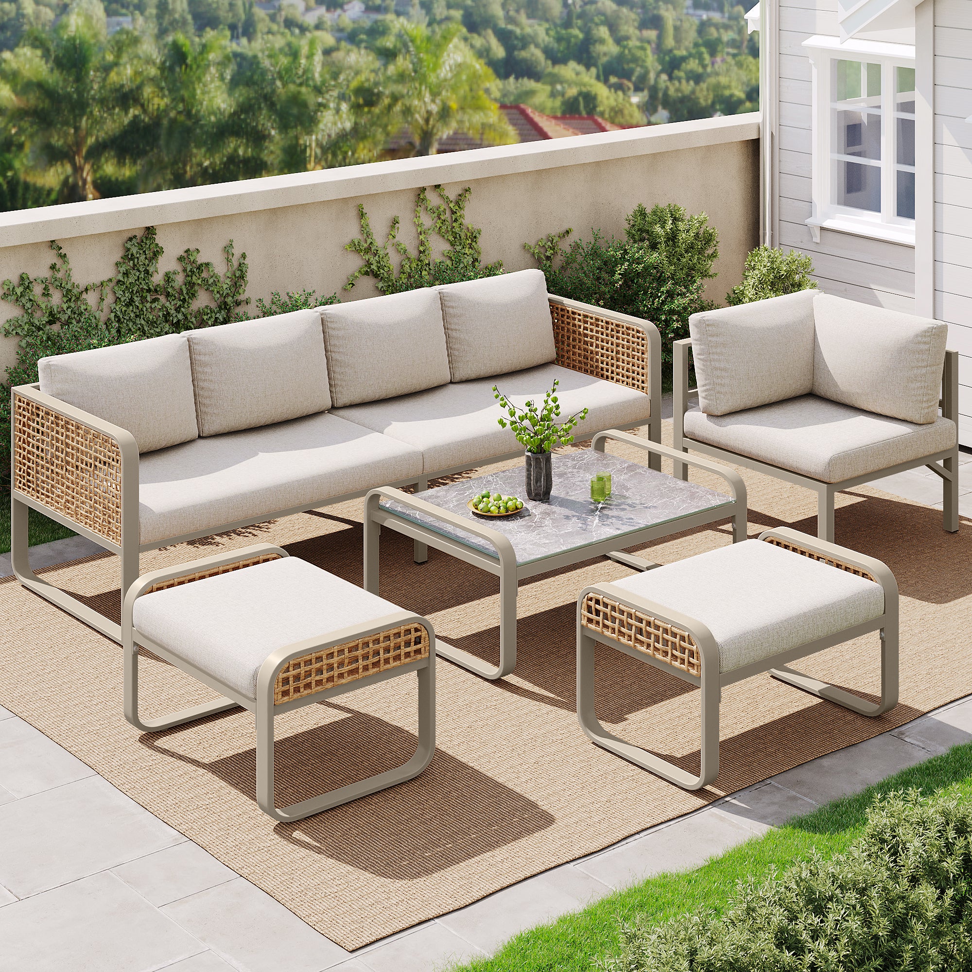 Outdoor garden lounge set, rattan furniture set for 6-7 people, corner sofa with galvanised iron frame, adjustable legs, includes all seat and back cushions, beige